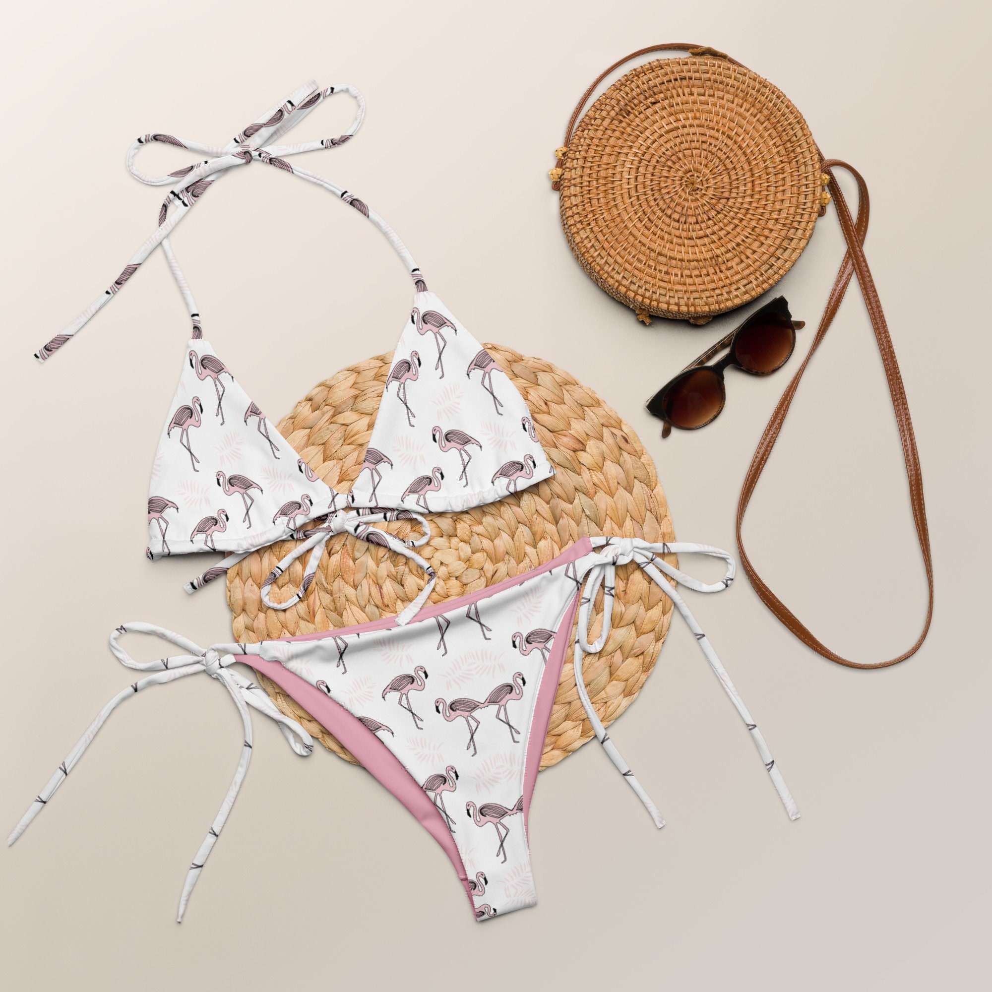Pink Flamingos Recycled White String Bikini / Festival Wear