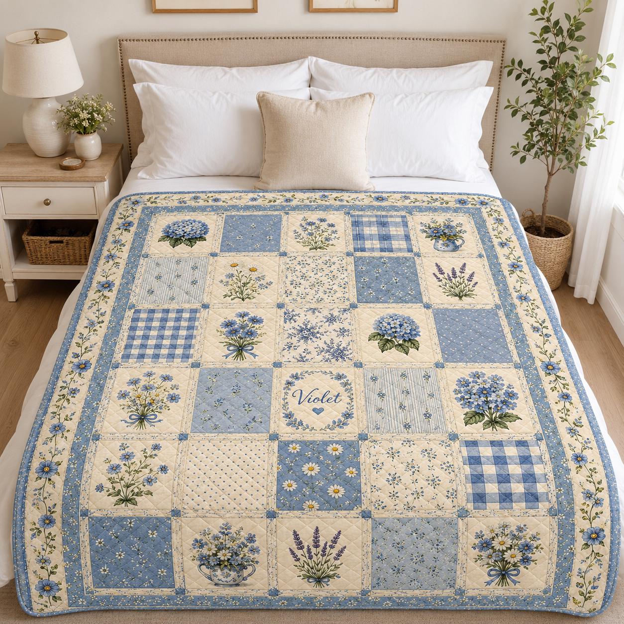 Personalized Blue Wildflower Floral Patchwork Quilt Blanket, Cottagecore Bedding Throw