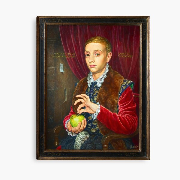 Boy With Apple Painting with painted frame Canvas