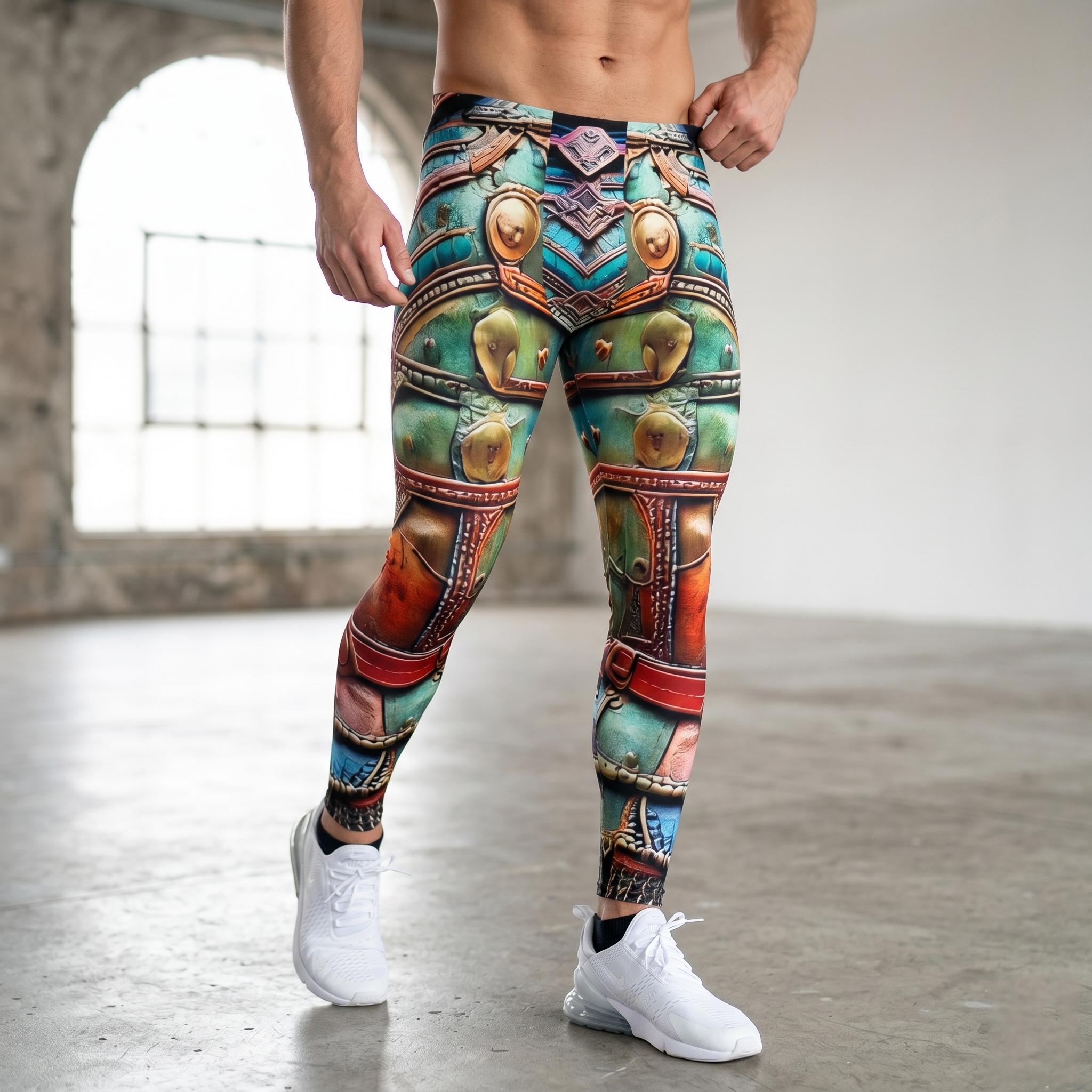 Trippy Gladiator Mens Leggings, Exoskeleton Armor, Workout Pants, Dystopian Cycling Athletic, Fitness Running Exercise Steampunk Wrestling,