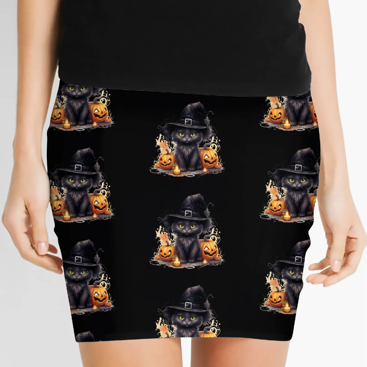 Cat Sticker, Black Cat Witch, Halloween, Women's Mini Skirts