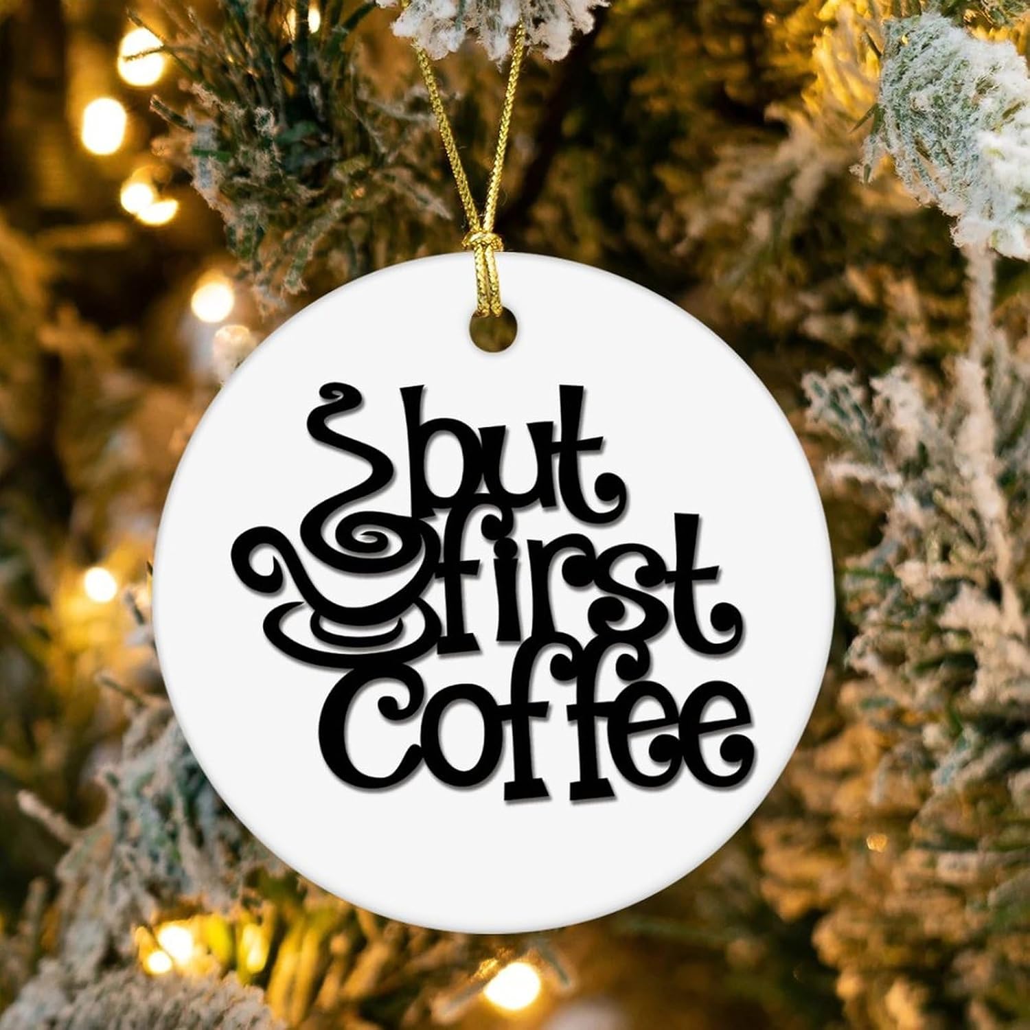 But First Coffee Christmas Ornaments Black Coffee Cup Silhouette Round Christmas Tree Ornament Ceramic Porcelain Personalized Cafe Themed Coffee Shop Christmas Bauble for Xmas Party Decorations