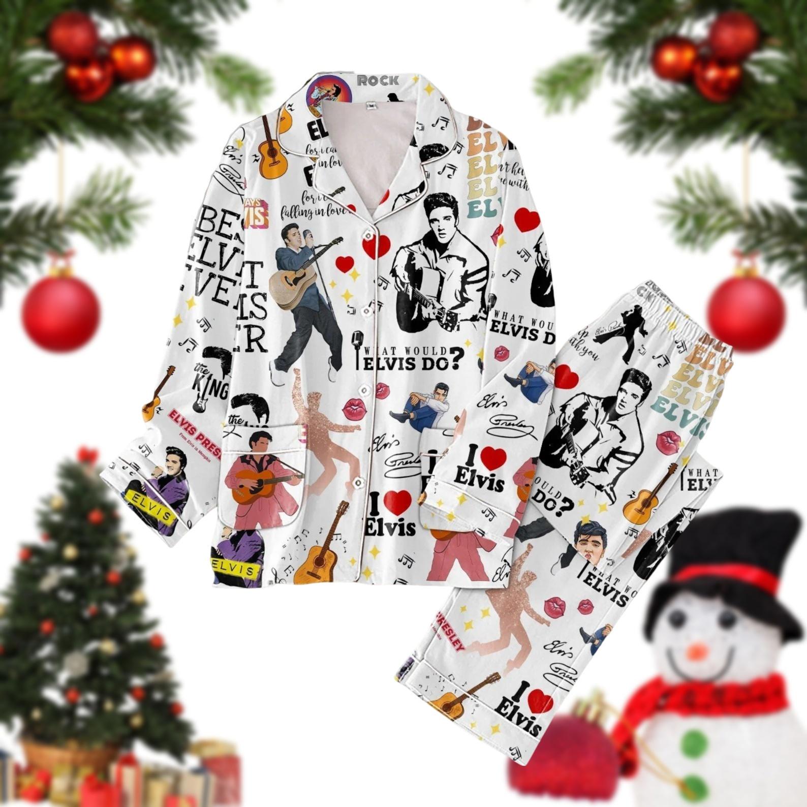 Christmas Elvis Presley Pajamas, Elvis Presley Thick Pajamas, Elvis Presley Tour Pajamas, Presley Pj Set Pants, Music Long Sleeve Pajamas