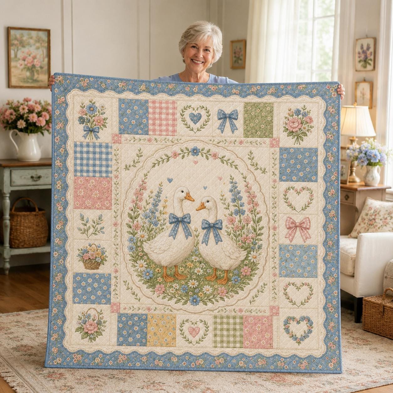 Goose Quilt Blanket, Cottagecore Floral Nursery, Pastel Duck Garden Cozy Blanket, Farmhouse Spring Baby Shower Gift