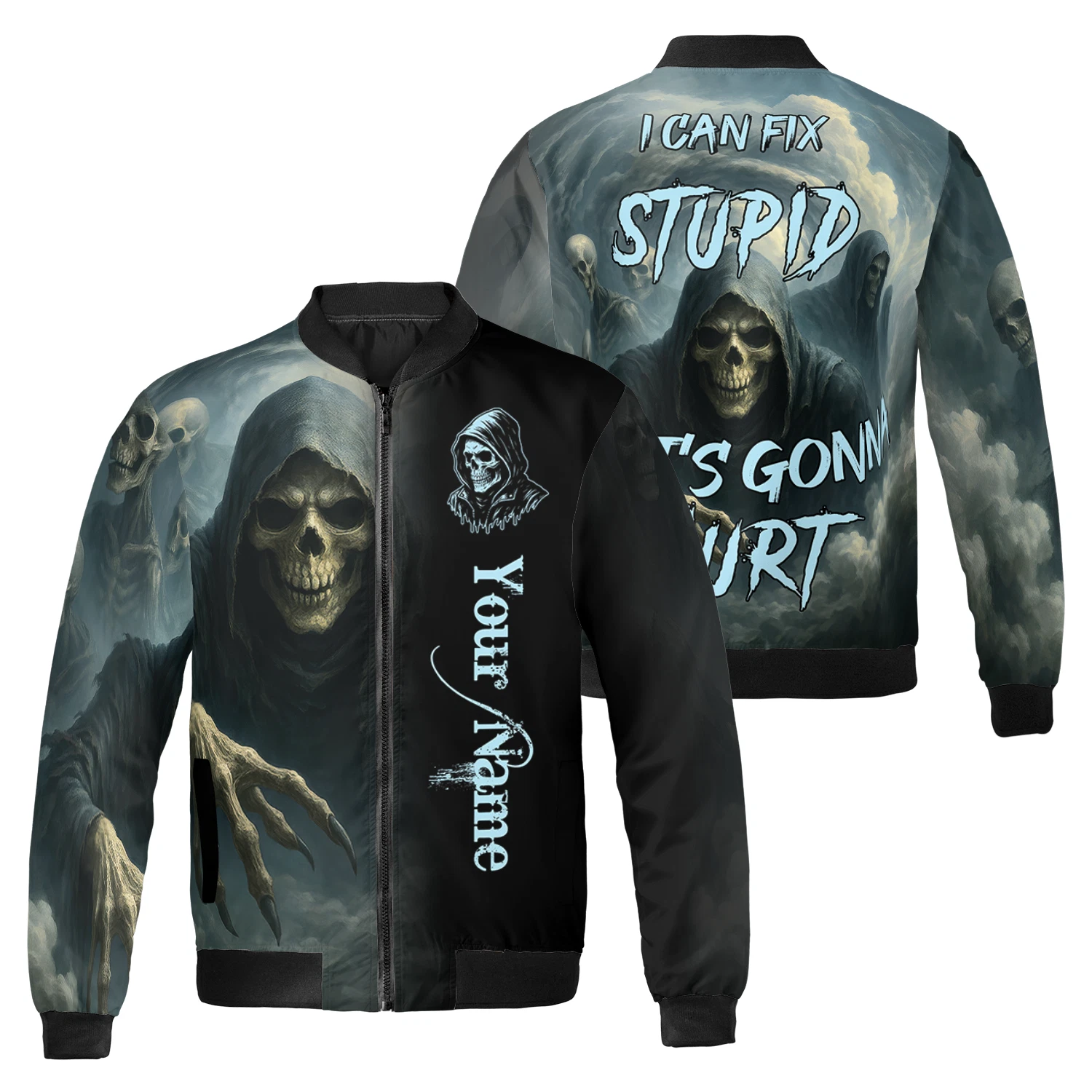 Personalized Halloween Skull I Can Fix Stupid Spooky Vibes Bomber Jacket
