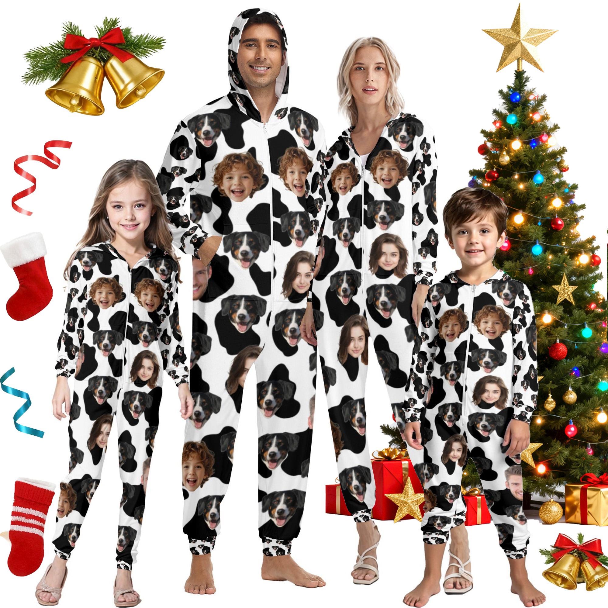 Custom Face Photo Family Set,Personalized Dog Photos Pajamas,Christmas Pajamas Kids Adult,Custom Face Zipper One-Piece