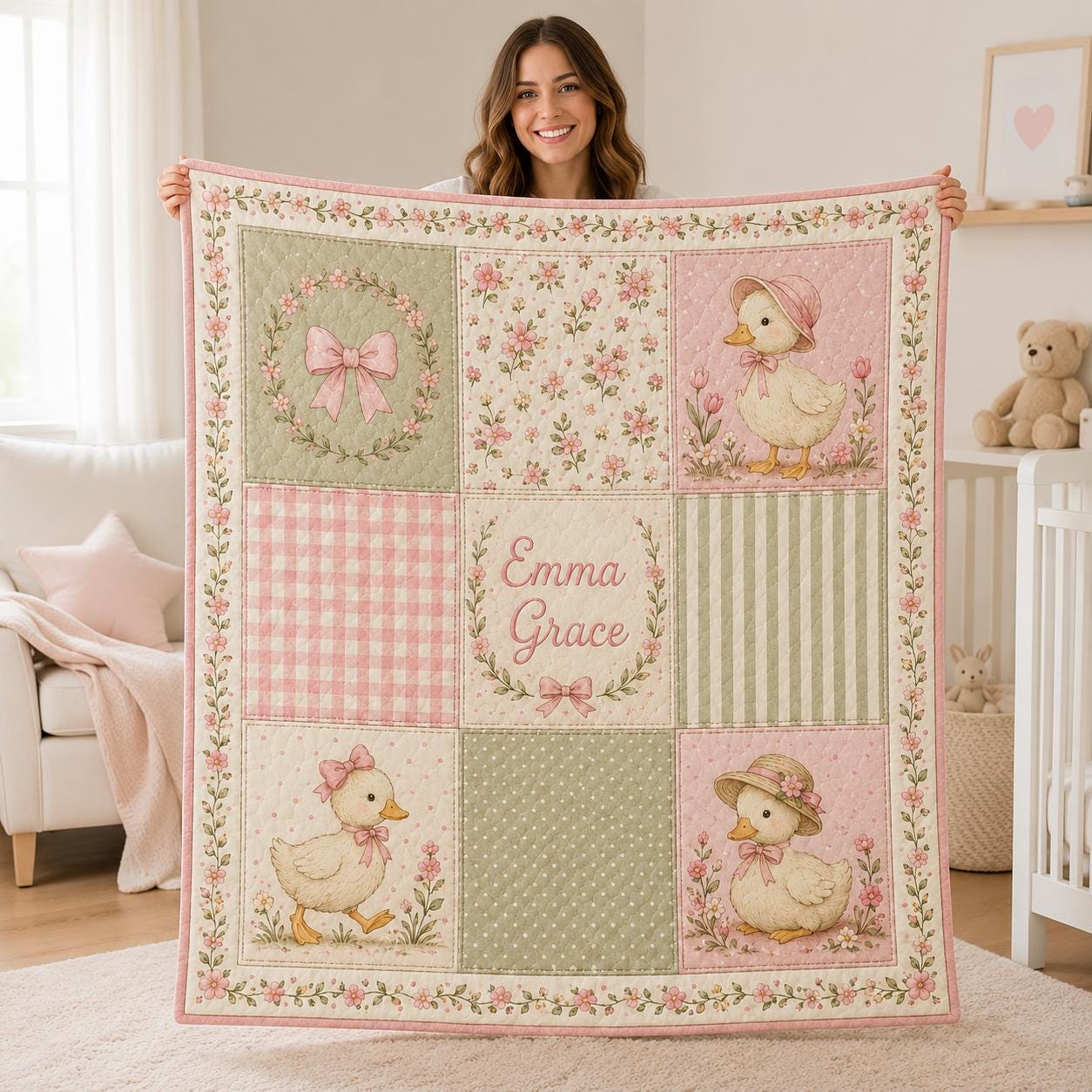 Personalized Duckling Quilt Blanket for Baby Girl Nursery, Floral Baby Shower Gift