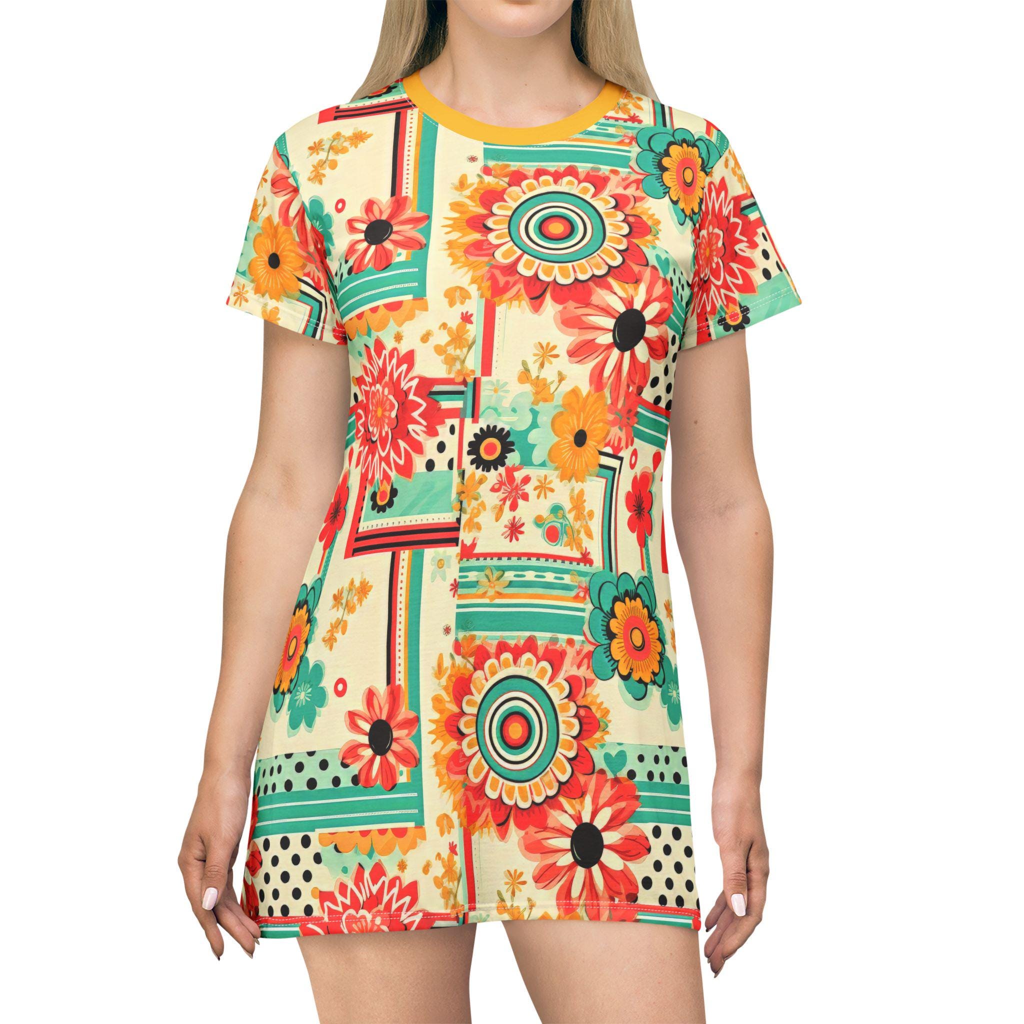 Floral Print T-Shirt Dress, Boho Vintage Dress