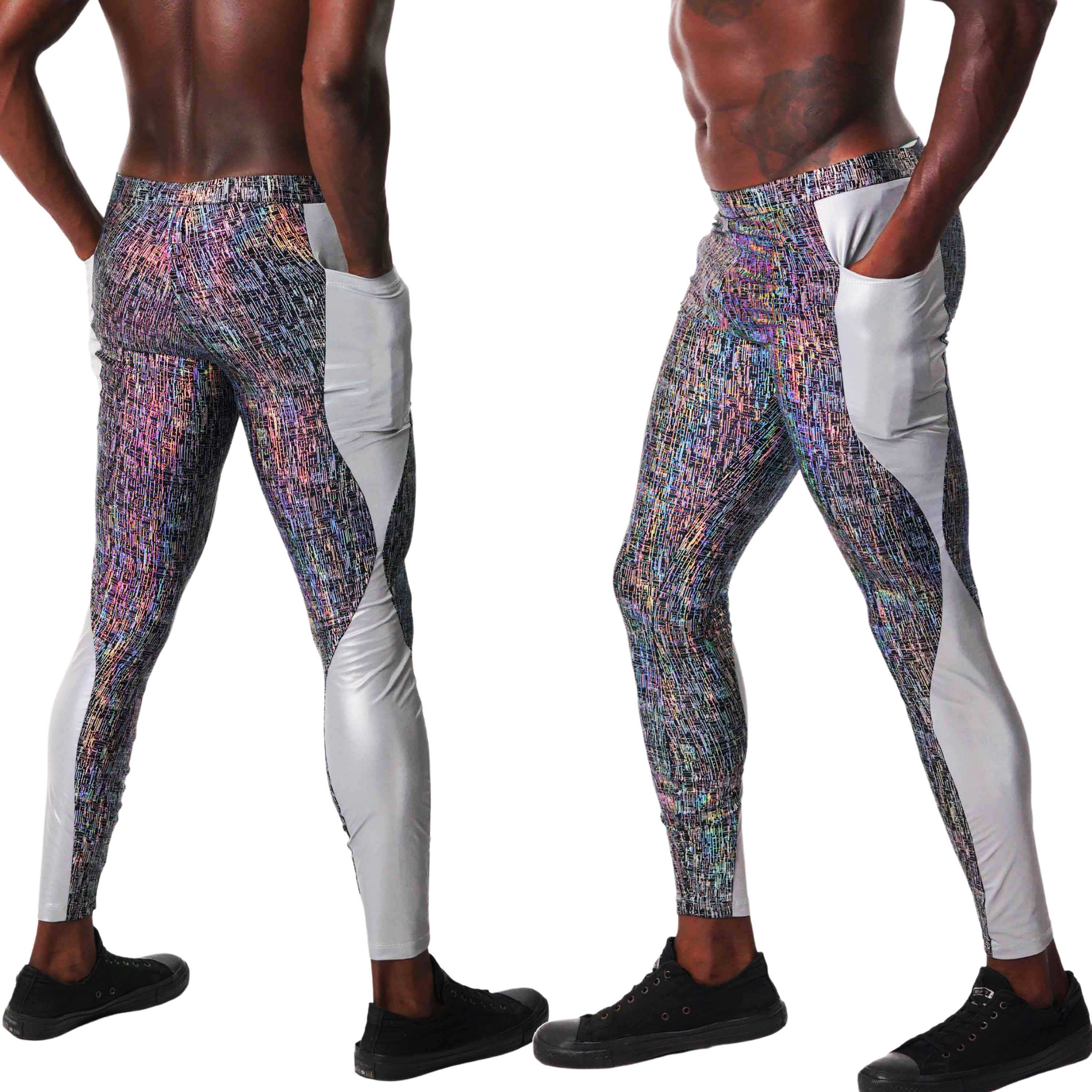 metallic leggings pocket festival pants printed leggings reflective pants silver