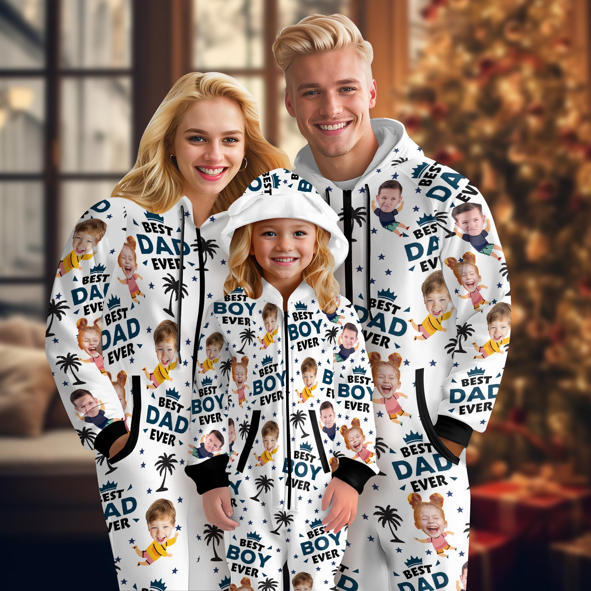 Custom Onesie Pajamas,Personalized Face Photo Flannel Fleece Pajamas,Best Dad Ever Pajamas,Hooded Onesie Jumpsuits,Christmas Gifts for Dad