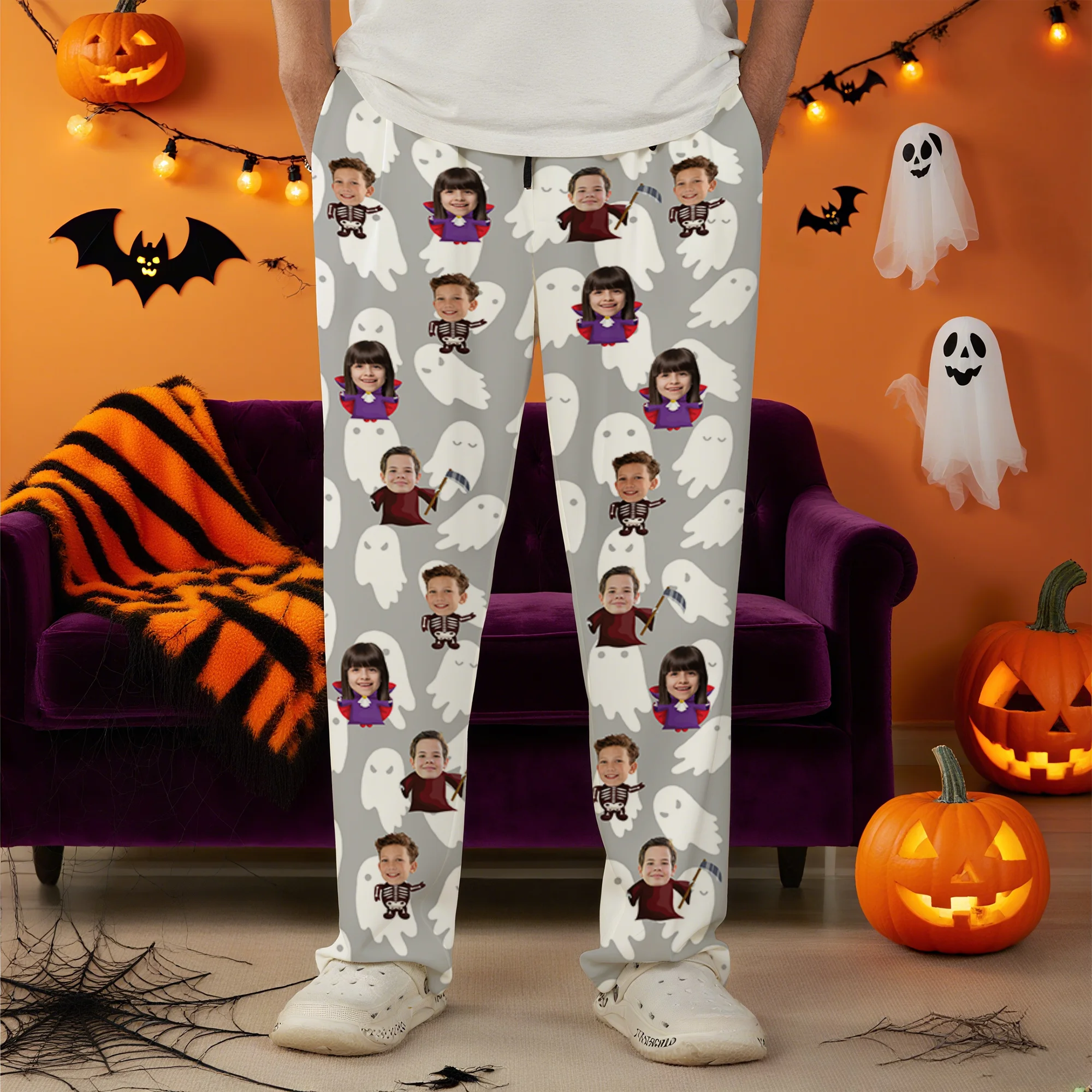 Personalised Halloween Theme 1-4 Face Photos Soft Skin-Friendly Pajama Pants Halloween Gift for Family Friends