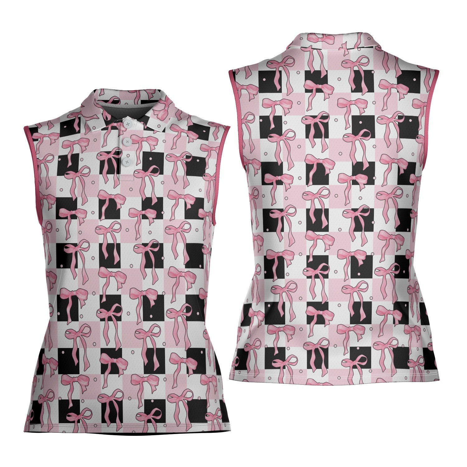 Cute Golf Pink Bow Polo Shirt, Checkered Coquette Bow Golf Shirt, Pink Coquette Sleeveless Polo Shirt, Cute Golf Shirt For Women, Golf Lover