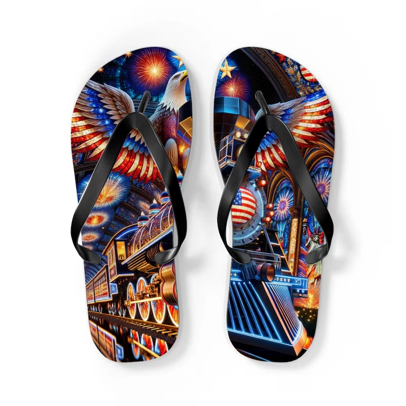 Epic USA Train & Eagle Flip Flops, Patriotic Fireworks Flip Flops for 4th of July