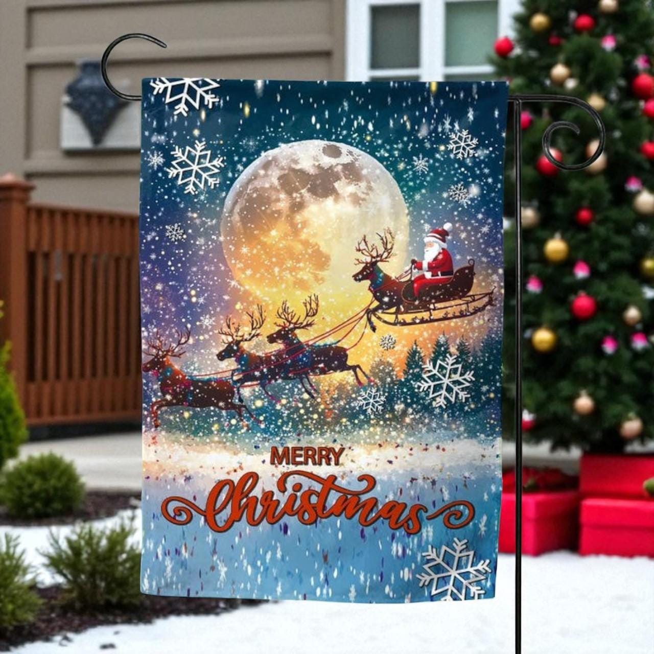 Santa Moon Christmas Garden Flag, Reindeer Sleigh House Banner, Double Sided Snowy Night Holiday Yard Decor, Merry Christmas Outdoor Welcome