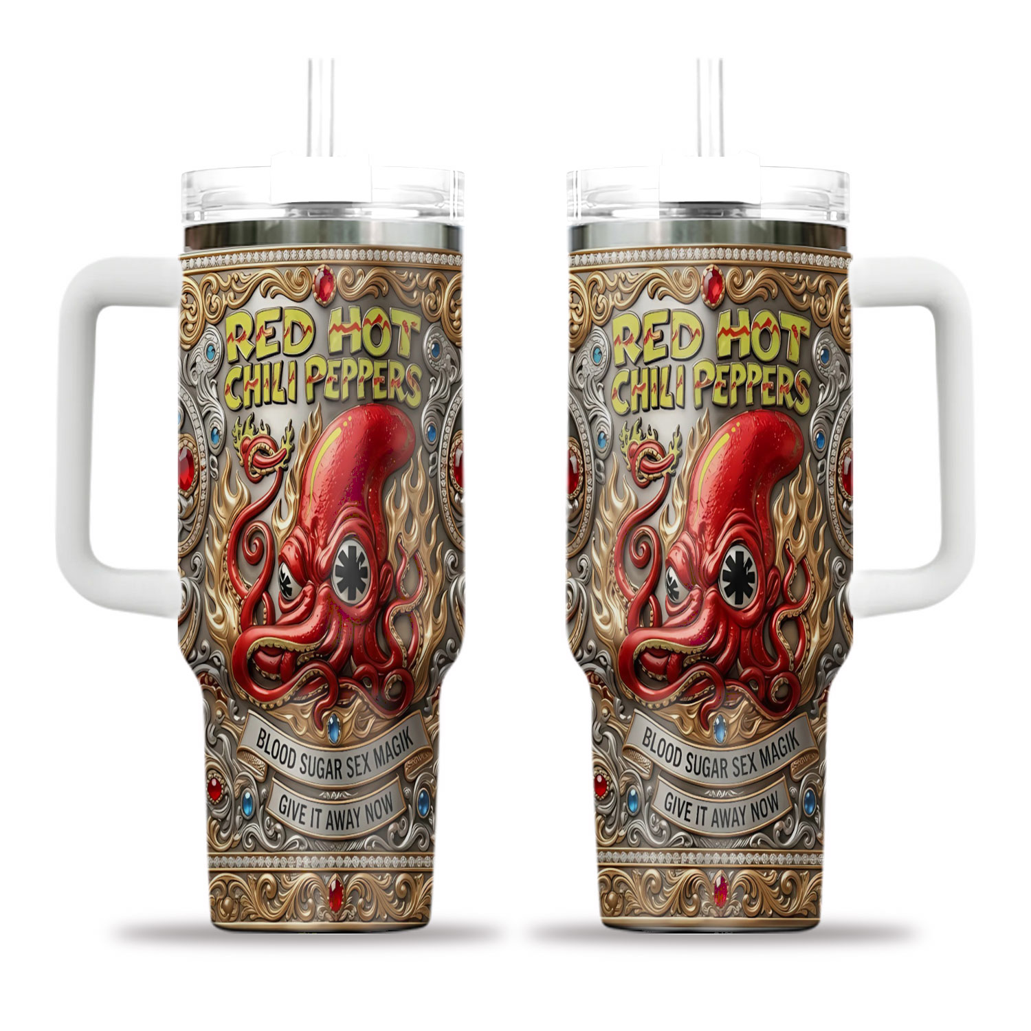 Chili Pepper Rock Stainless Steel Tumbler with Handle, Spicy Aesthetic Travel Mug, Music Lover 40oz Coffee Cup Gift