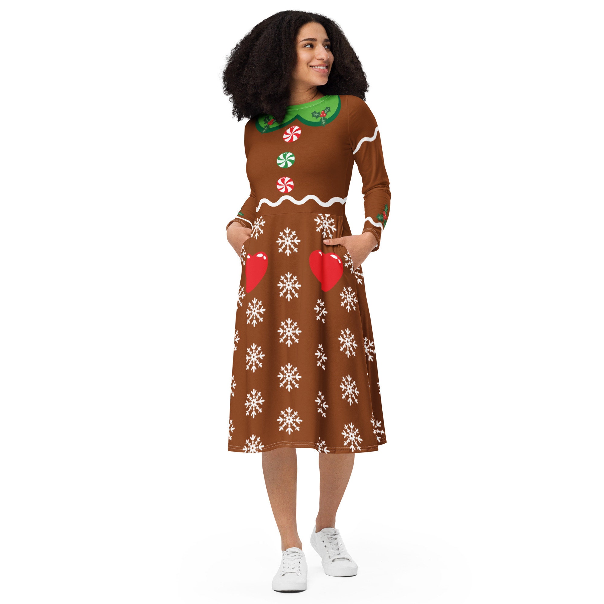Women's Long Sleeve Christmas Dress - Gingerbread Cookie Holiday Midi Dress