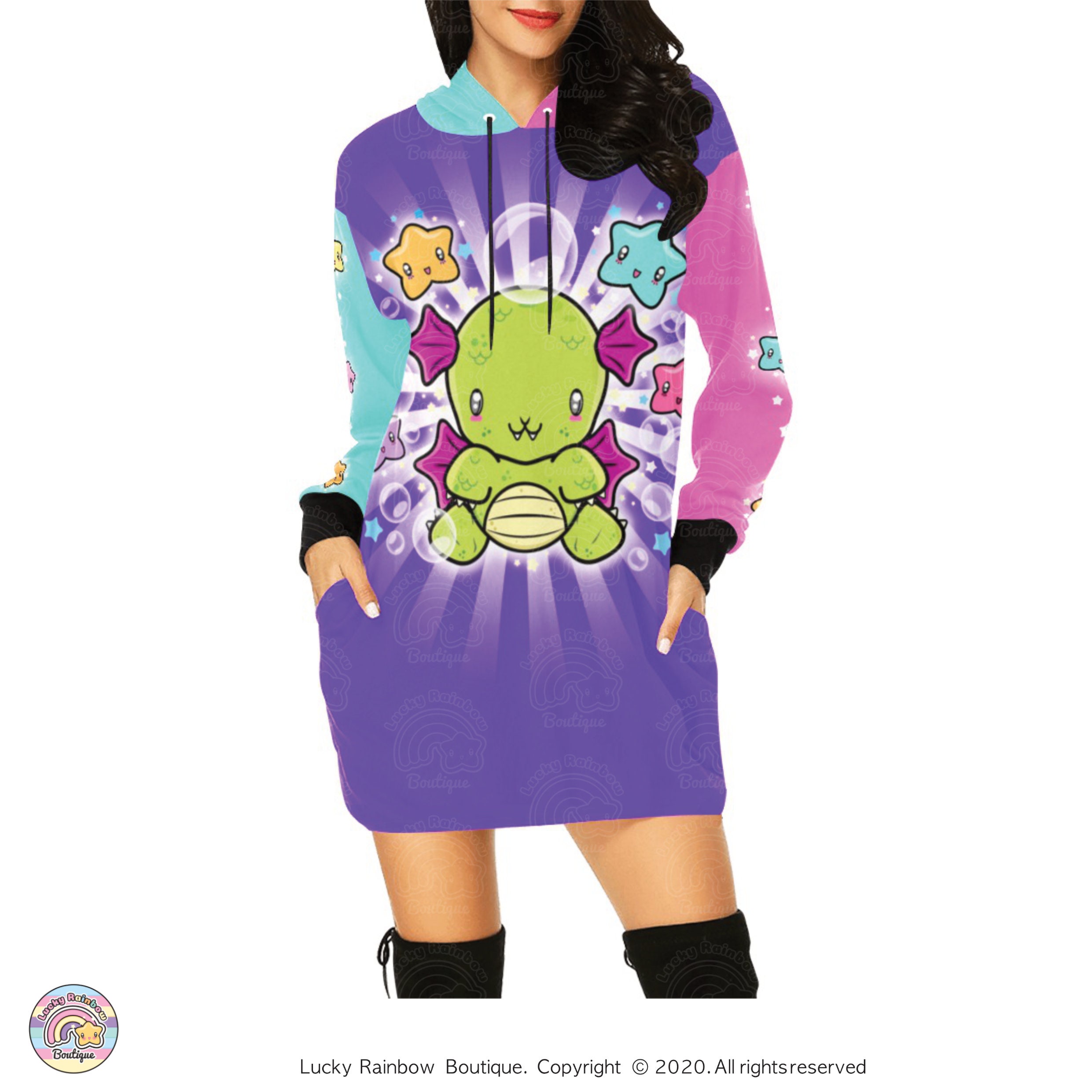 Dragon and Stars Oversized Hoodie, Cute Dragon Scale Sweater, All Over Print Sweatshirt, Jumper Dress Women, Anime Shirt, Kawaii Clothes