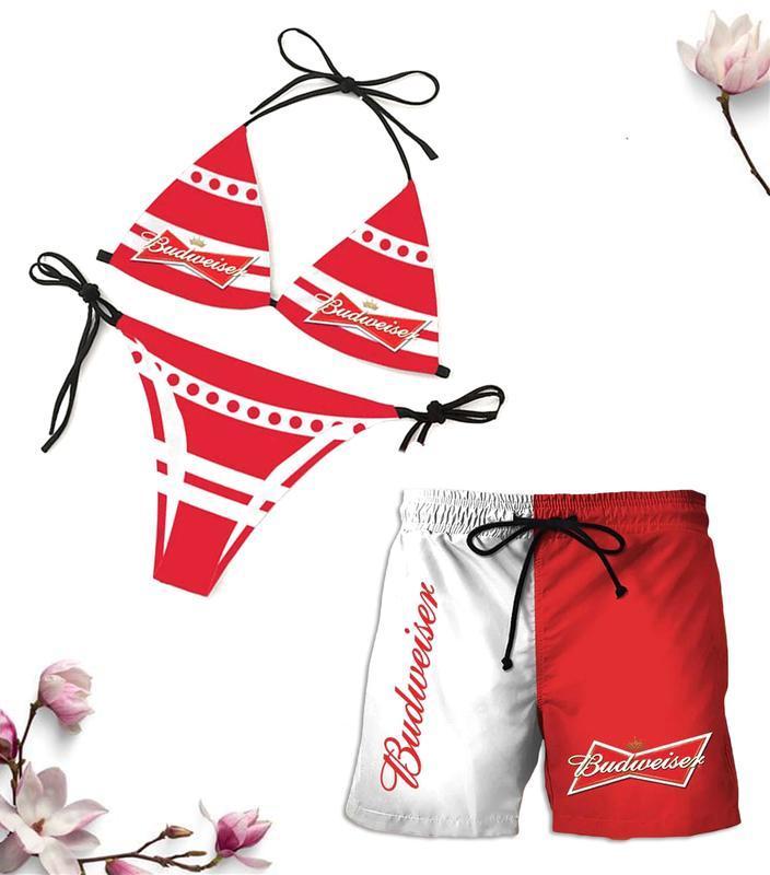 [Shorts not included] Red and White Matching Swimwear Set Featuring Iconic Beer Brand Graphics, Triangle String Bikini