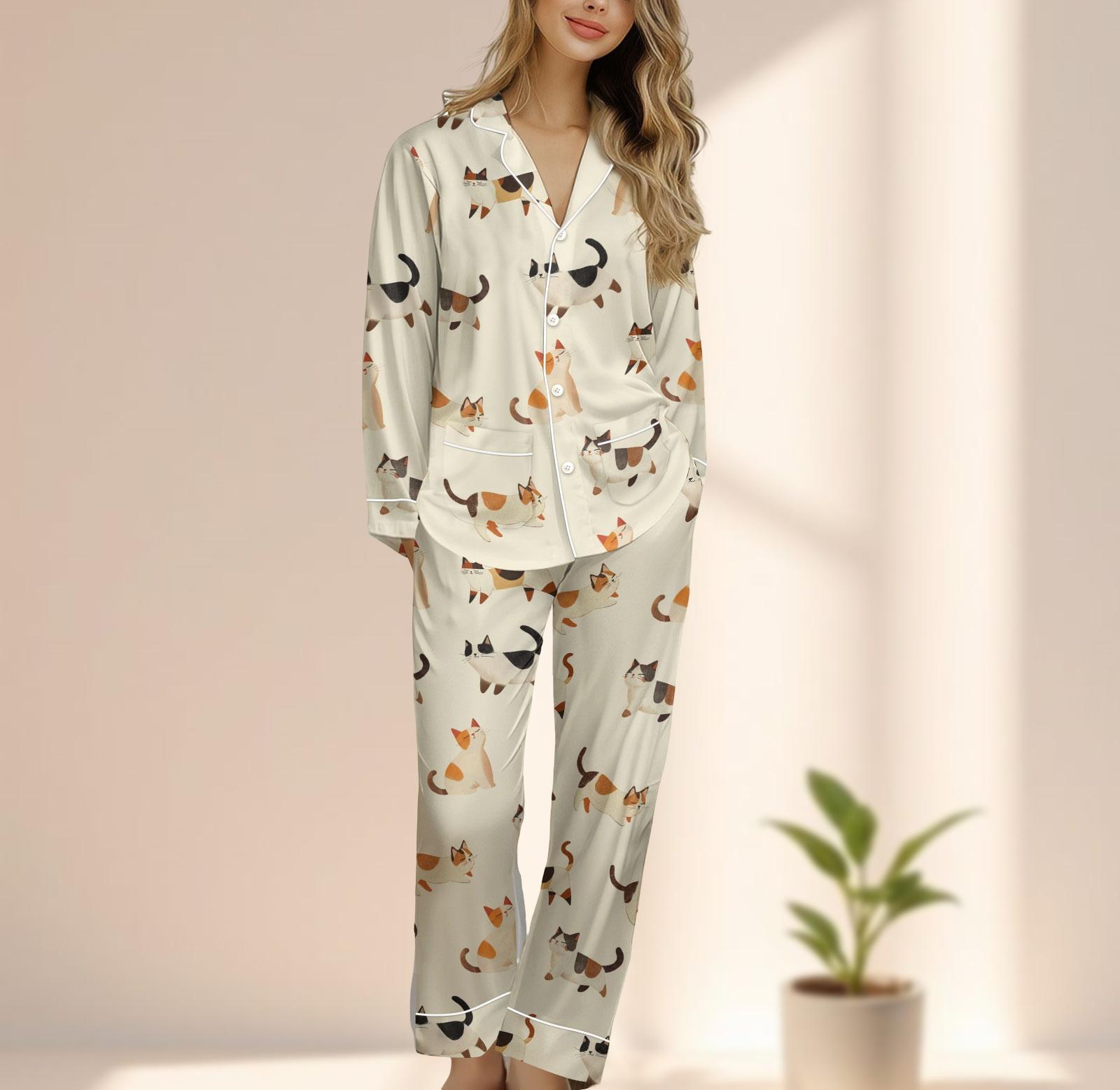 Calico Cat Satin Pajama Set, Cute Cream Sleepwear For Cat Lovers, Long Sleeve Cozy