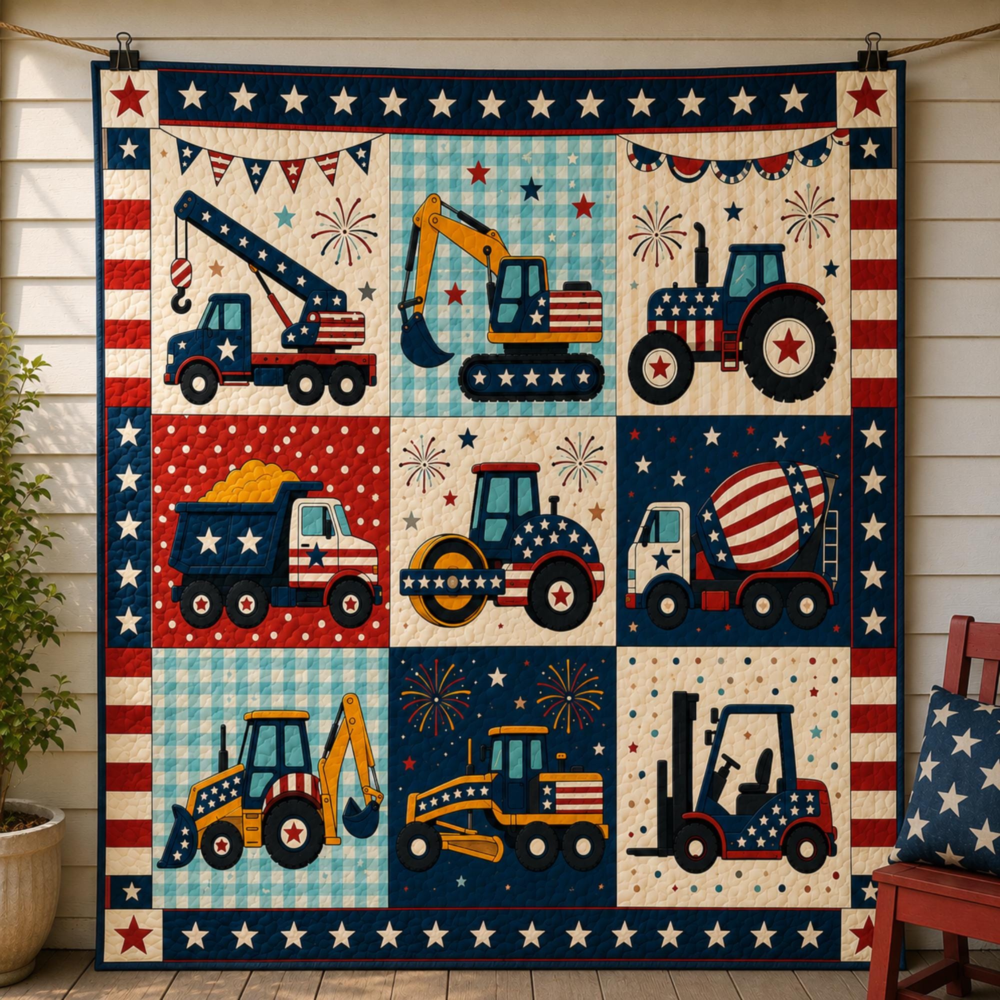 Patriotic Construction Quilt Blanket, Red White Blue Truck Lover Bedding