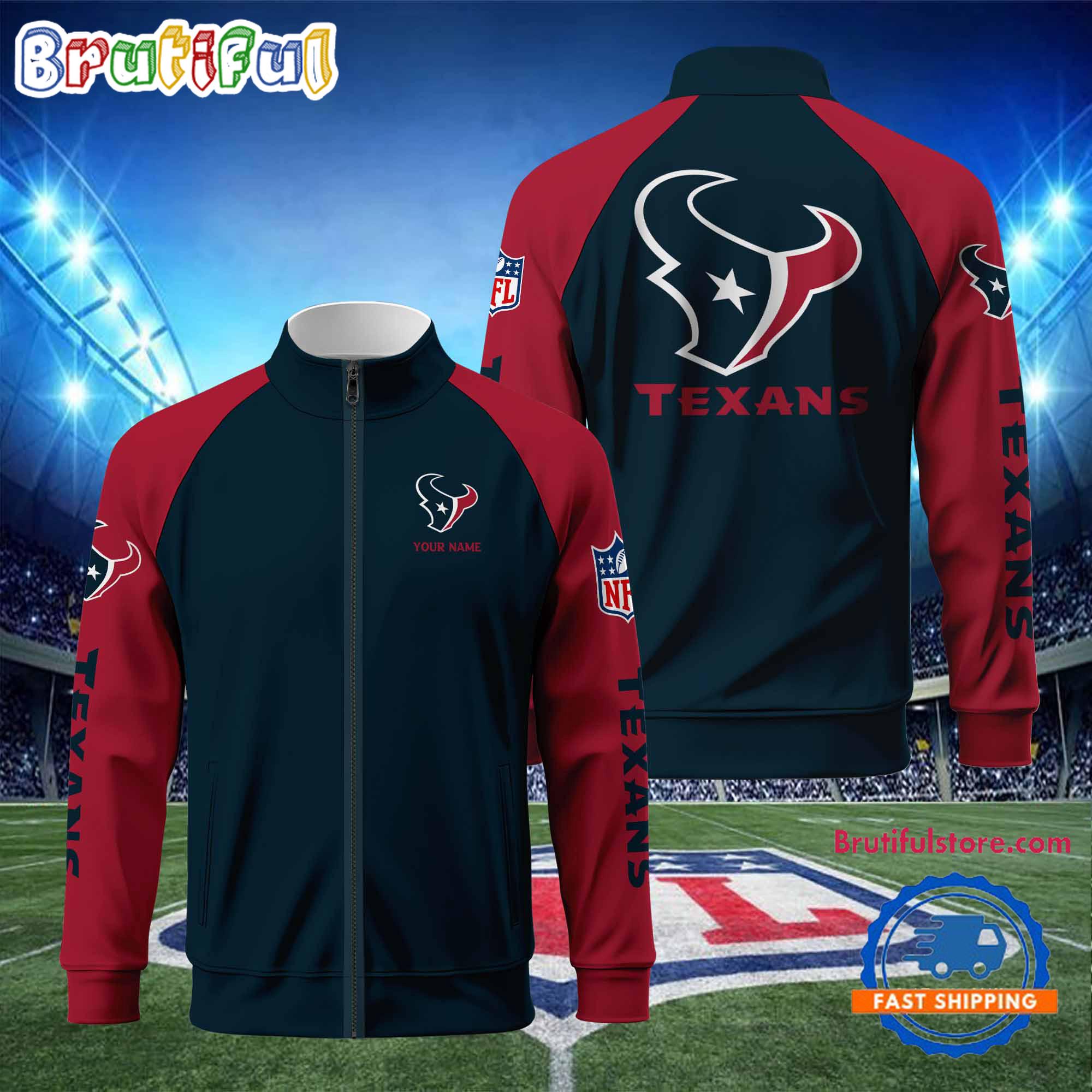 Houston Texans Football Team Custom Name Standing Neck Zipper Jacket