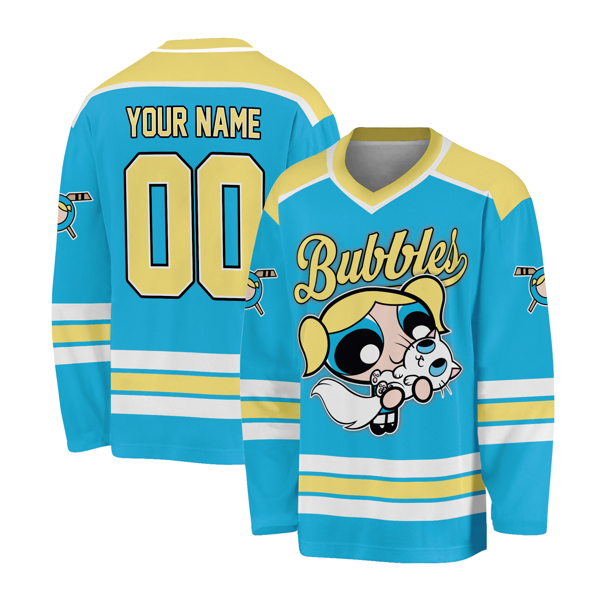 Personalized The Powerpuff Girls Bubbles Blue Hockey Jersey, Custom Bubbles Hockey, Bubbles Hockey Jersey Team, Custom Team Hockey Gift