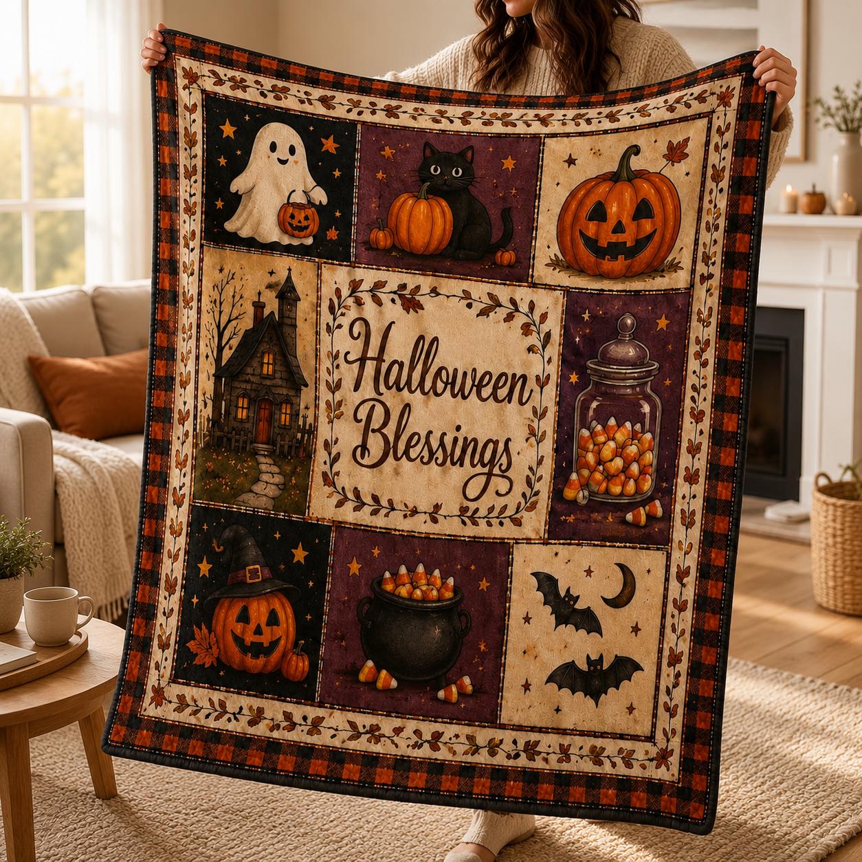 Halloween Quilt Blanket, Pumpkin, Spooky Fall Blanket, Haunted House Quilt, Autumn Gift