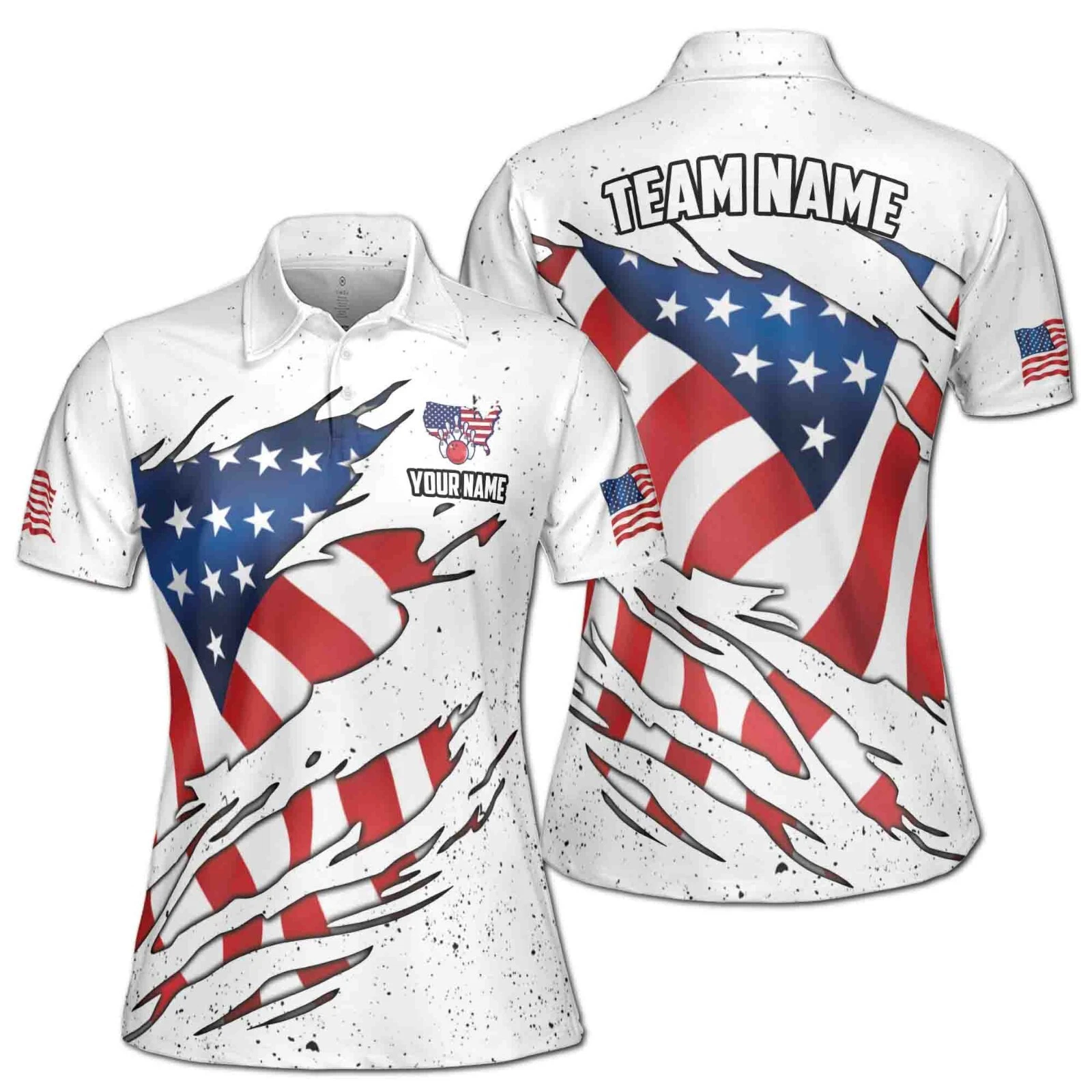 Women's Personalized Scratch Pattern American Flag Bowling Polo Shirt