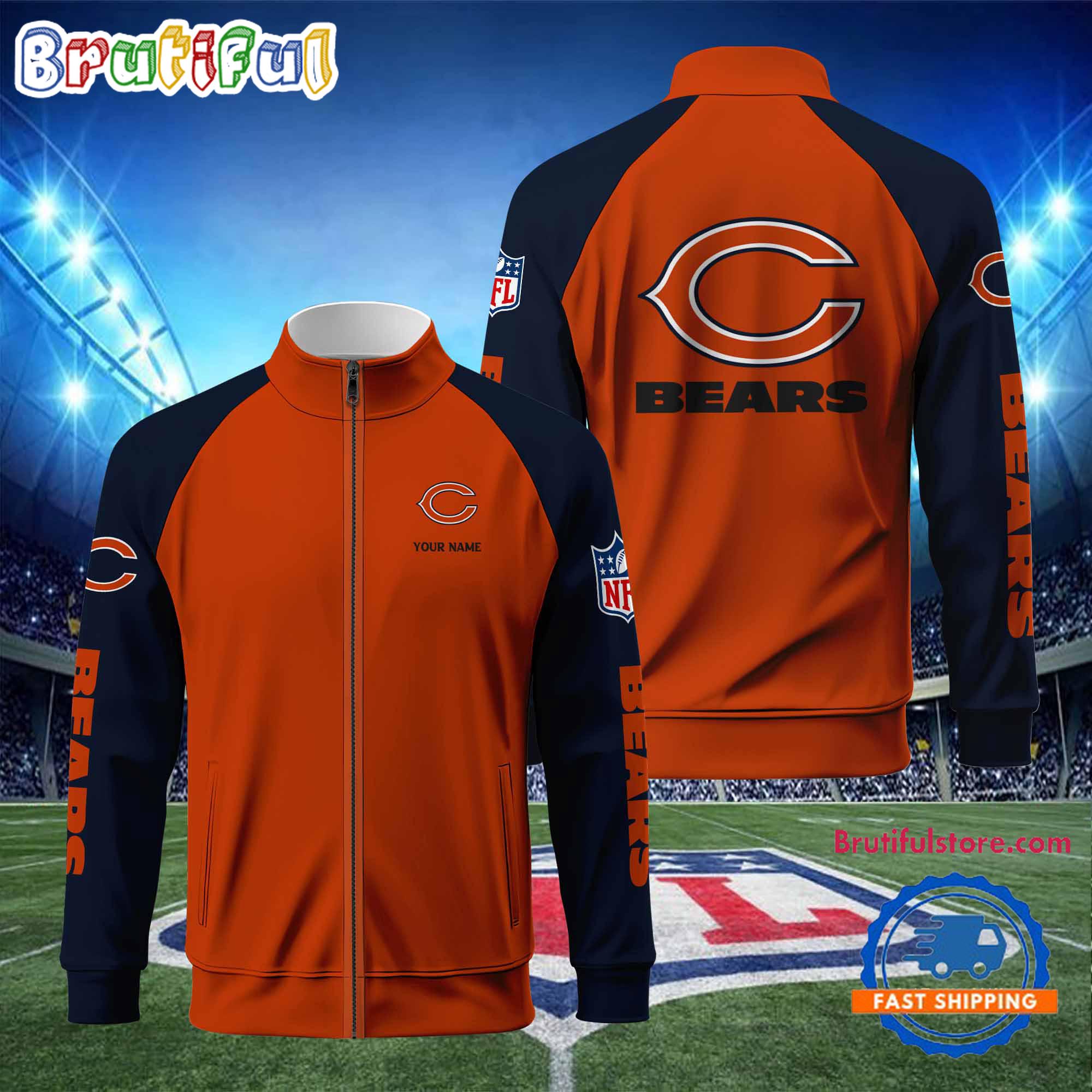 Chicago Bears Football Team Custom Name Standing Neck Zipper Jacket