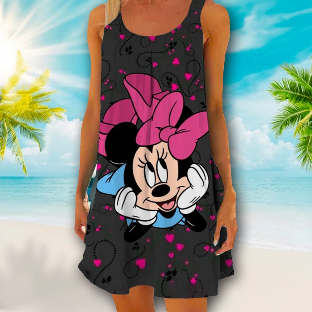 Mouse With Hearts Beach Dress, Magic World Beach Dress, Cute Mouse Movie Mom Dress, Cartoon Movie AOP Sleeveless Beach Dresses