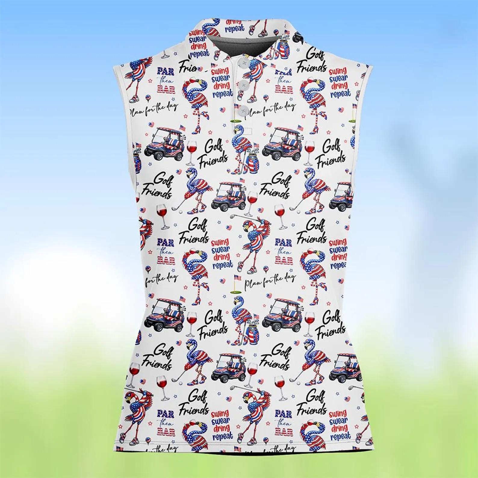 Women's Flamingo Golf Sleeveless Polo Shirt, Flamingo Golf Top, Gift for Golf Women