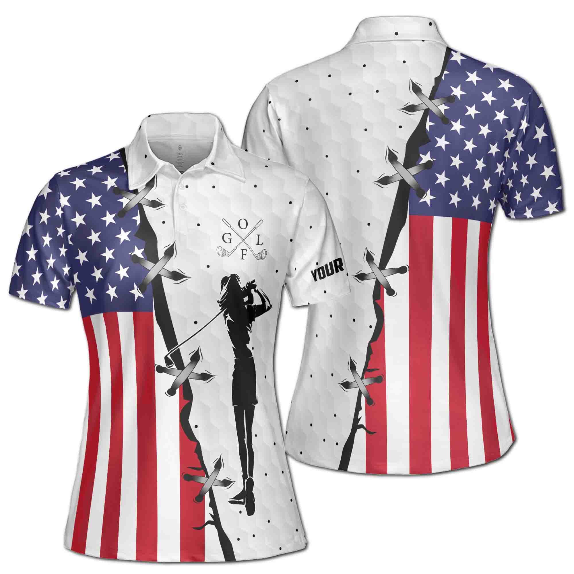 Custom Name American Lady Golfing USA Flag Golf Women 3D Polo Shirt