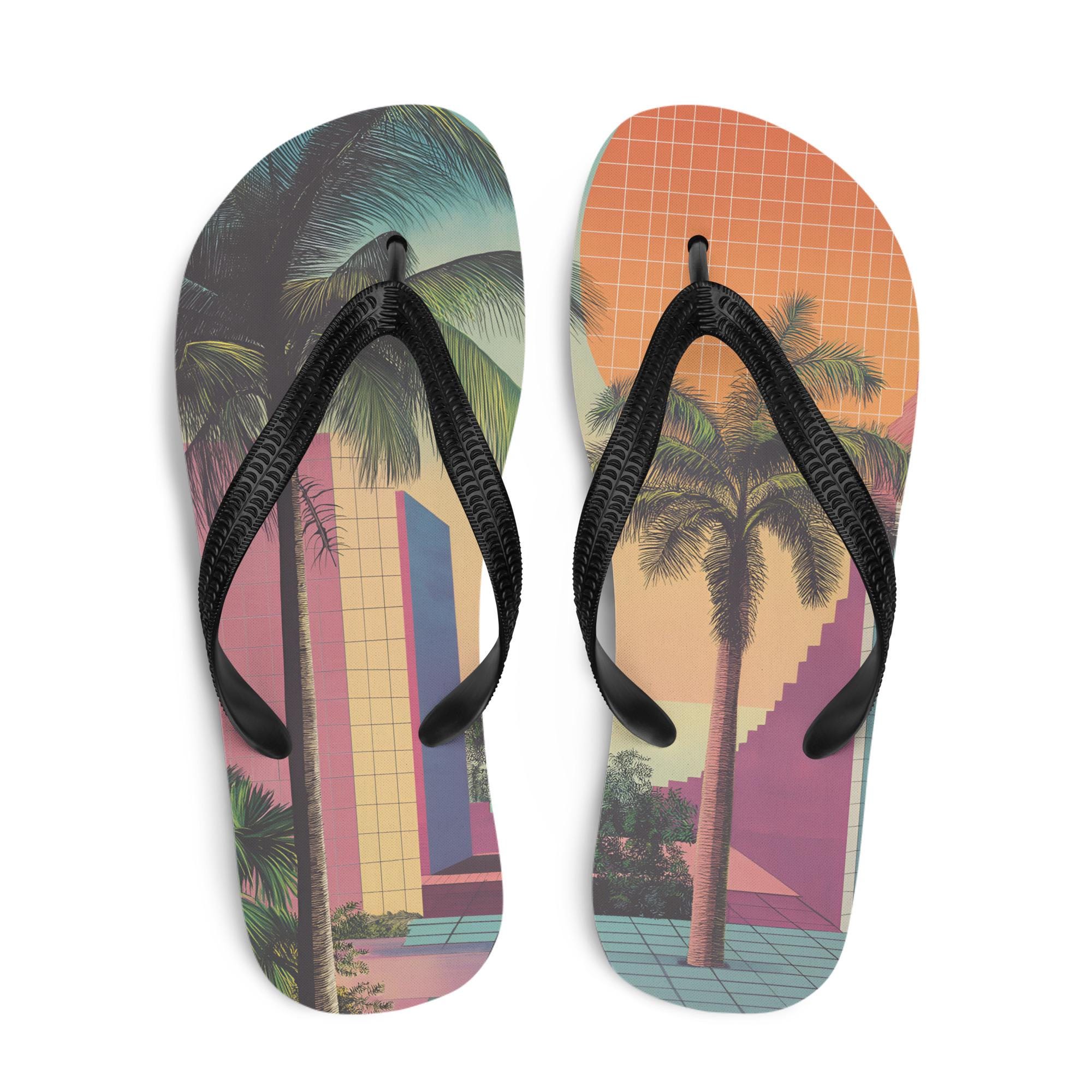 Retro Vaporwave Flip-Flops | 80s Aesthetic Sandals | Palm Tree Beach Slides | Summer Pool Shoes | Unisex Gift for Him or Her