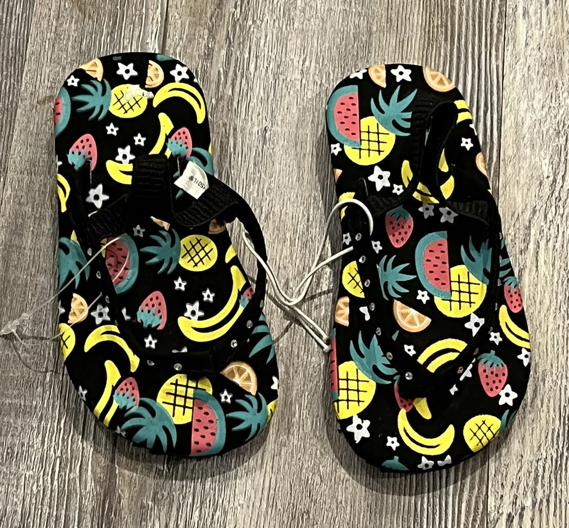 NWOT Toddler Girls Black Fruit Print Rhinestone Trimmed Flip Flop Sandals M(7-8)