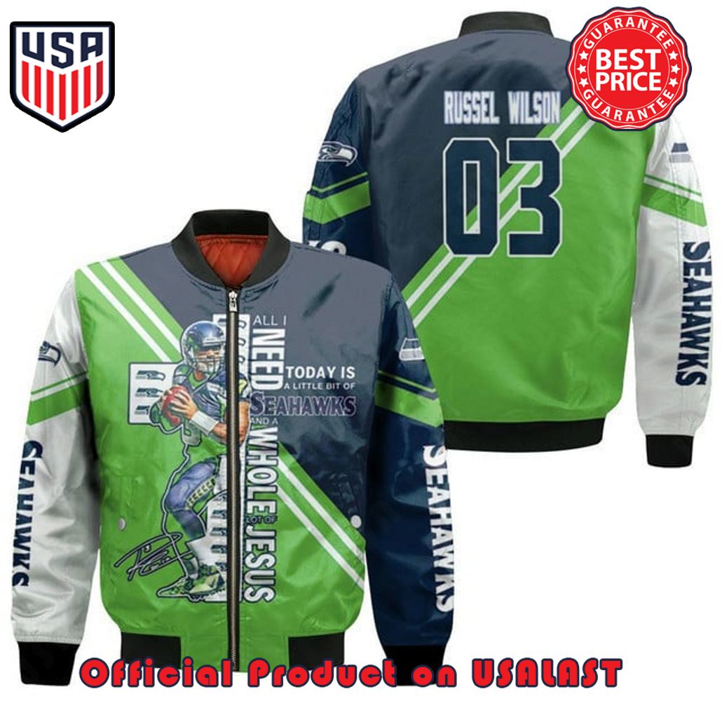 SEATTLE SEAHAWKS RUSSEL WILSON PATTERN BOMBER JACKET – GREEN