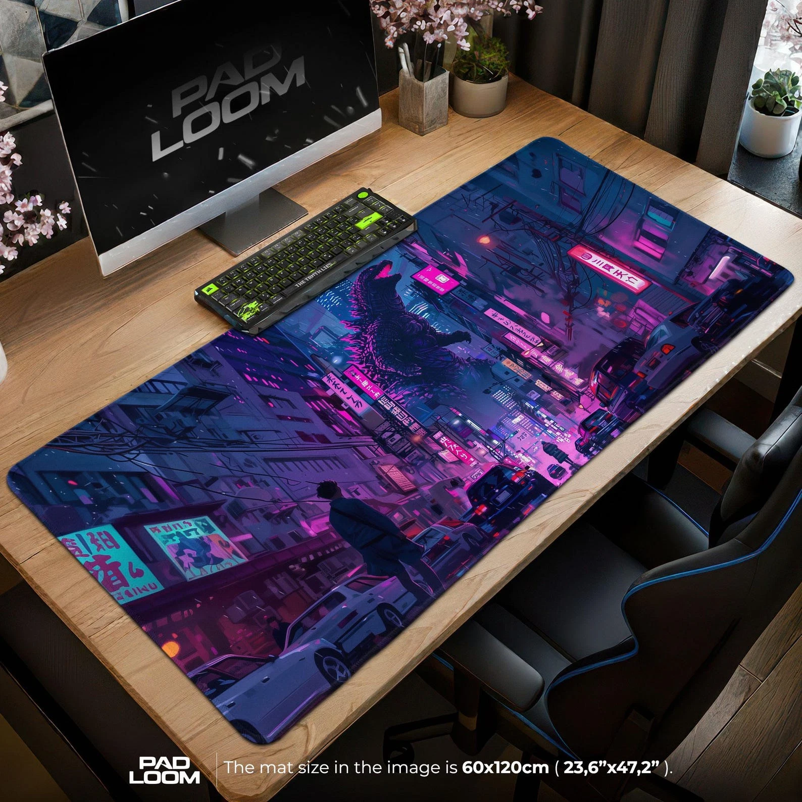 god zilla Mouse Pad, Cyberpunk Neon Tokyo Desk Mat, Kaiju Gaming Pad