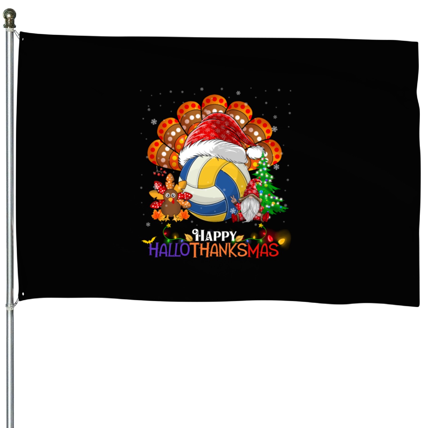 Volleyball Turkey Gnome Happy Hallothanksmas House Flags