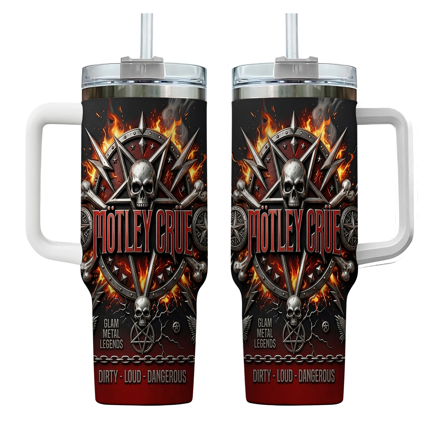 Motley Crue Rock 40oz Tumbler Skull Fire Insulated Travel Mug Metal Fan Gift