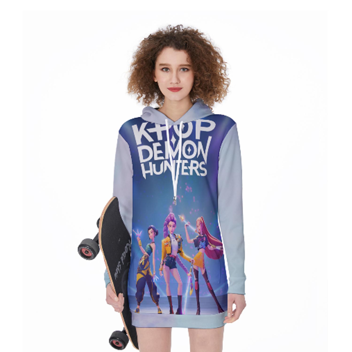 KPop Demon Hunter Hoodie Dress for Girls All-Over Print Long Hoodie, Korean Streetwear, Anime Kawaii Outfit, 200 GSM Soft Fabric