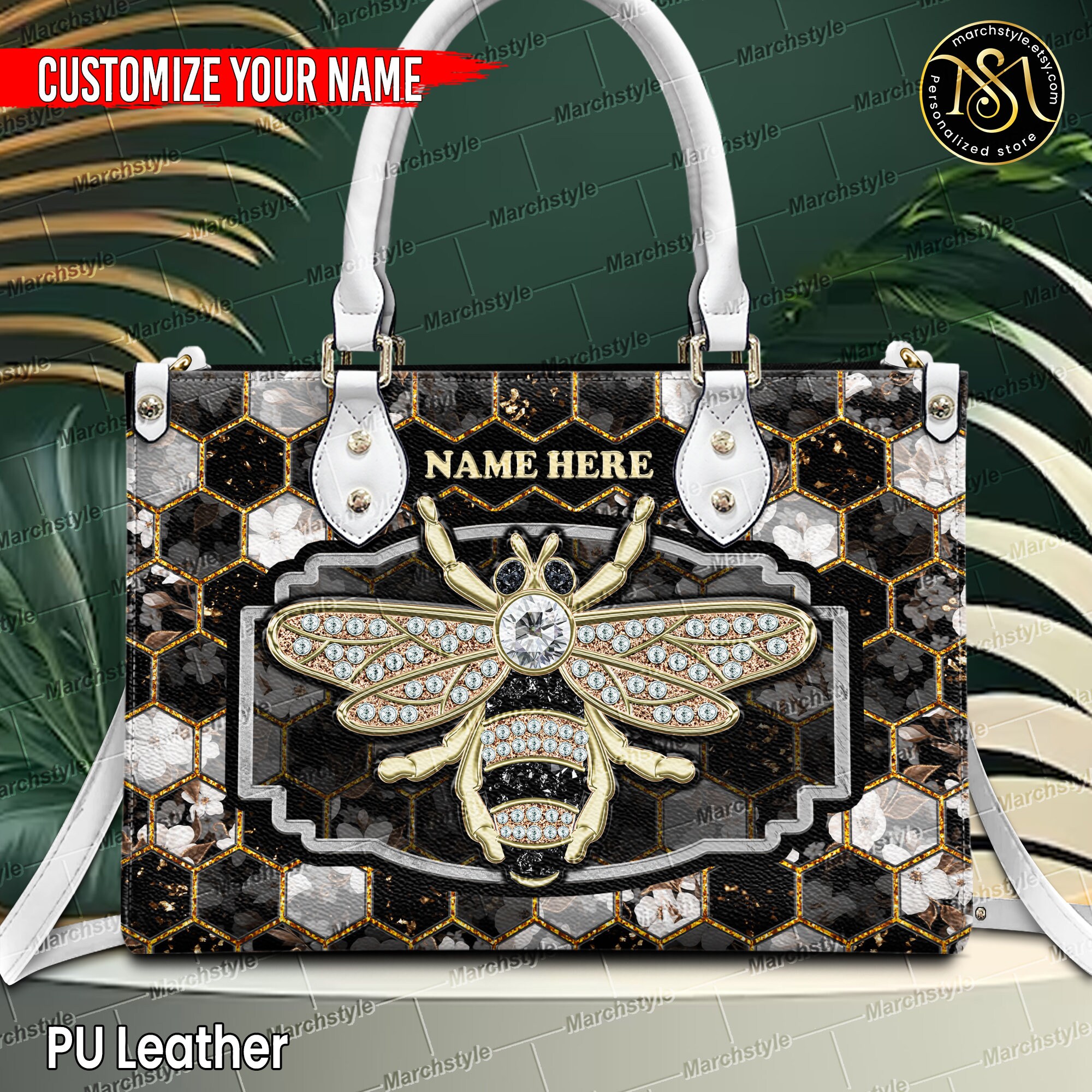 Marchstyle - Beekeeping Leather Bag, Personalized Name Leather HandBag with Bee, Custom Name Cute Bee Leather Handbag, Flower Bee