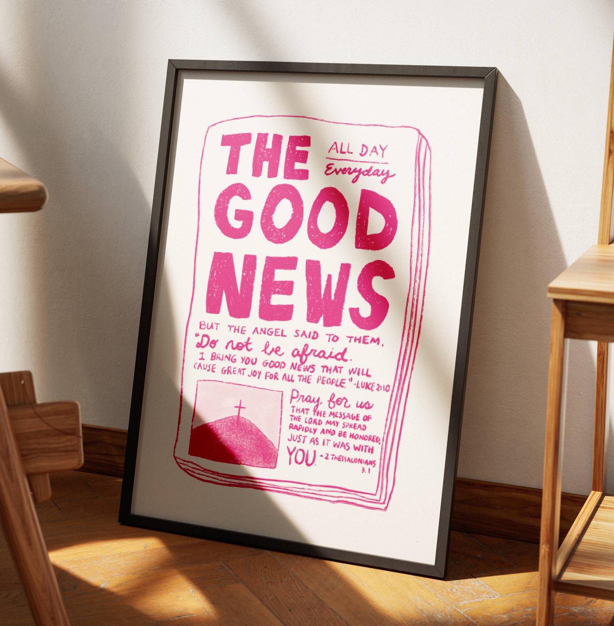 Aesthetic Christian Wall Art, Luke 2:10, 2 Thessalonians 3, Good News Art Print, Pink Modern Bible Verse Wall Art, Biblical Scripture Poster