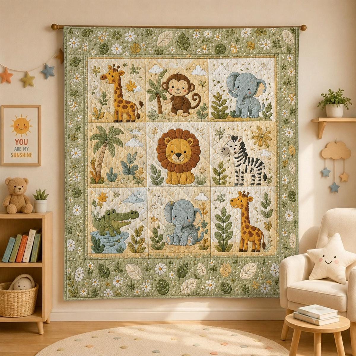 Safari Animal Baby Quilt, Jungle Nursery Blanket, Woodland Kid's Quilt, Gender Neutral Baby Bedding, Cute Animal Kids Room Decor