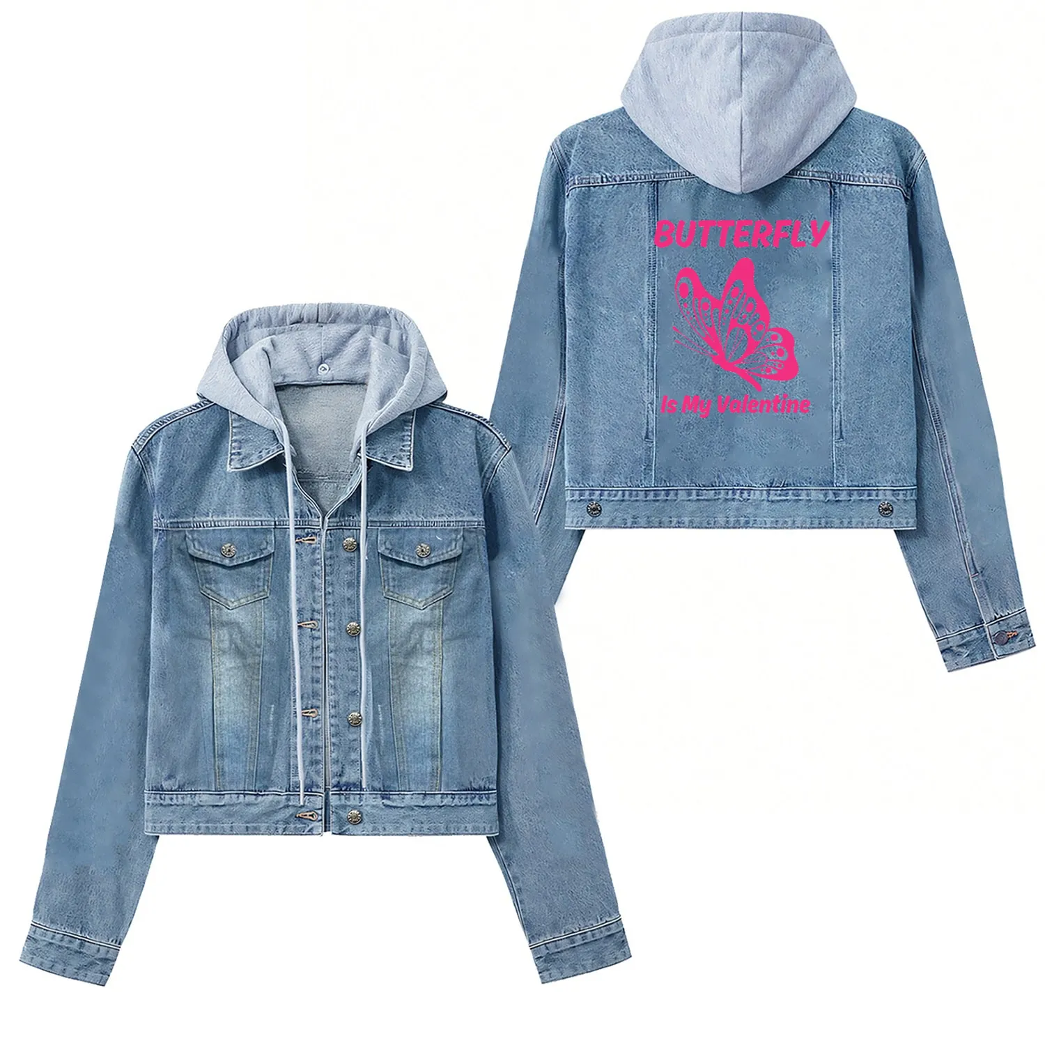 Pink butterfly butterfly Is My Valentine butterfly Women's Denim Jackets