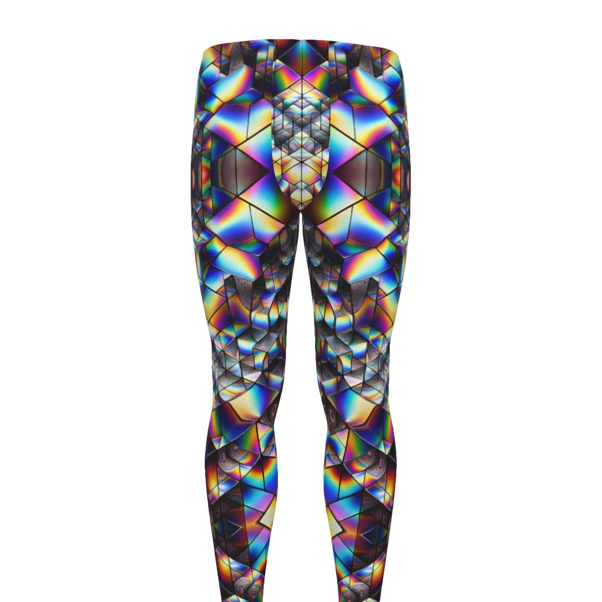 Fractal Psychedelic Mens Leggings, Trippy Rave Festival Pants, Workout Neon Cycling Athletic, Fitness Running, Exercise, Wrestling Pants