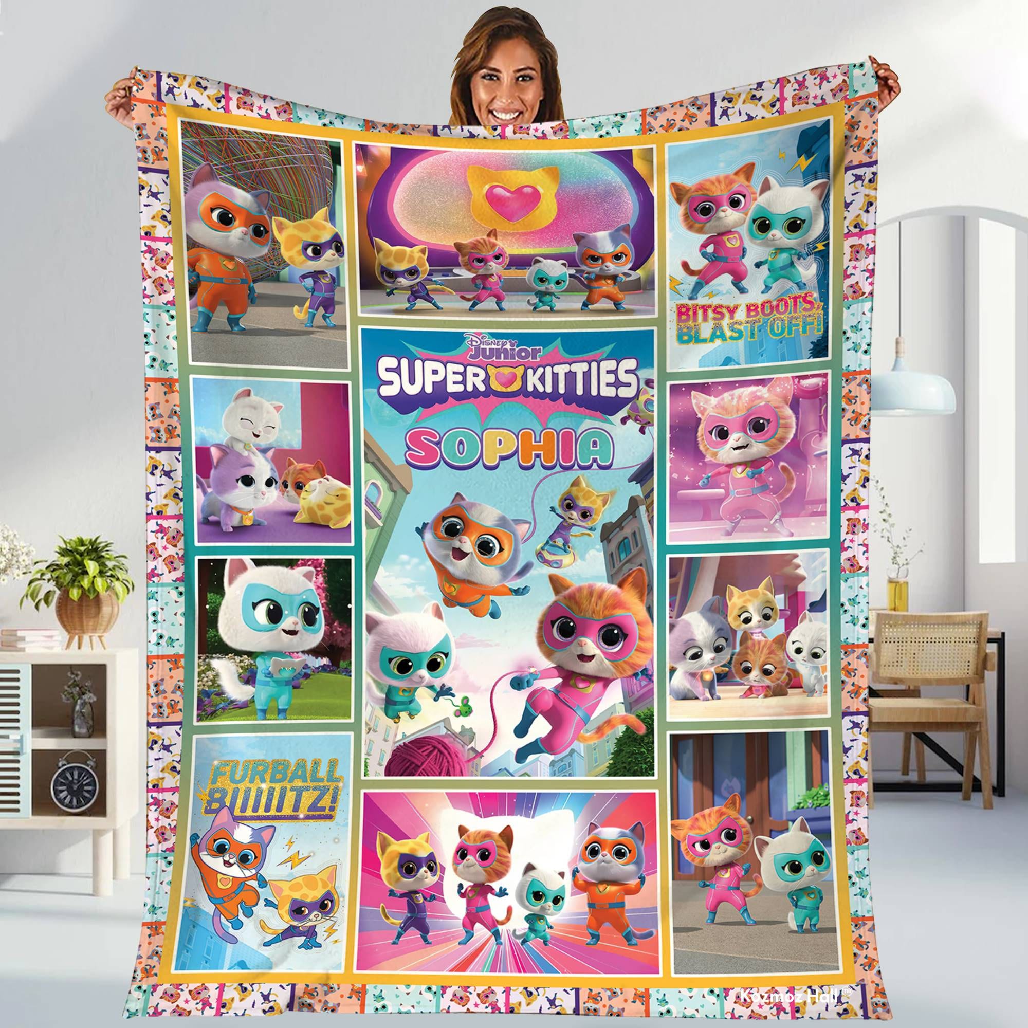 SuperKitties Blanket | Super Kitties Fleece Blanket | Super Cat Blanket | Ginny Sparks Buddy and Bitsy Blanket | Family Trip
