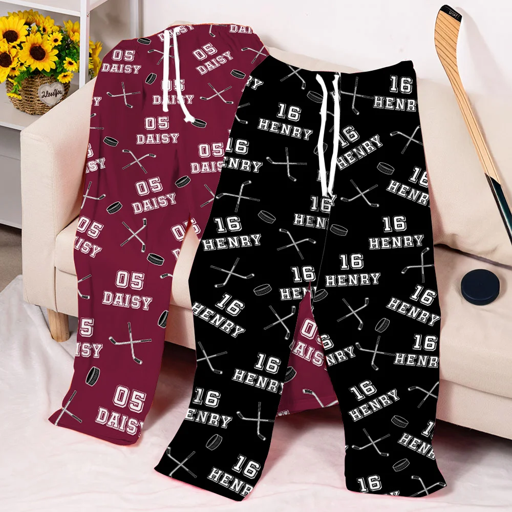Personalised Multicolor Hockey Drawstring Waist Pajama Pants with Name and Number Birthday Game Day Gift for Women Men Hockey Lovers