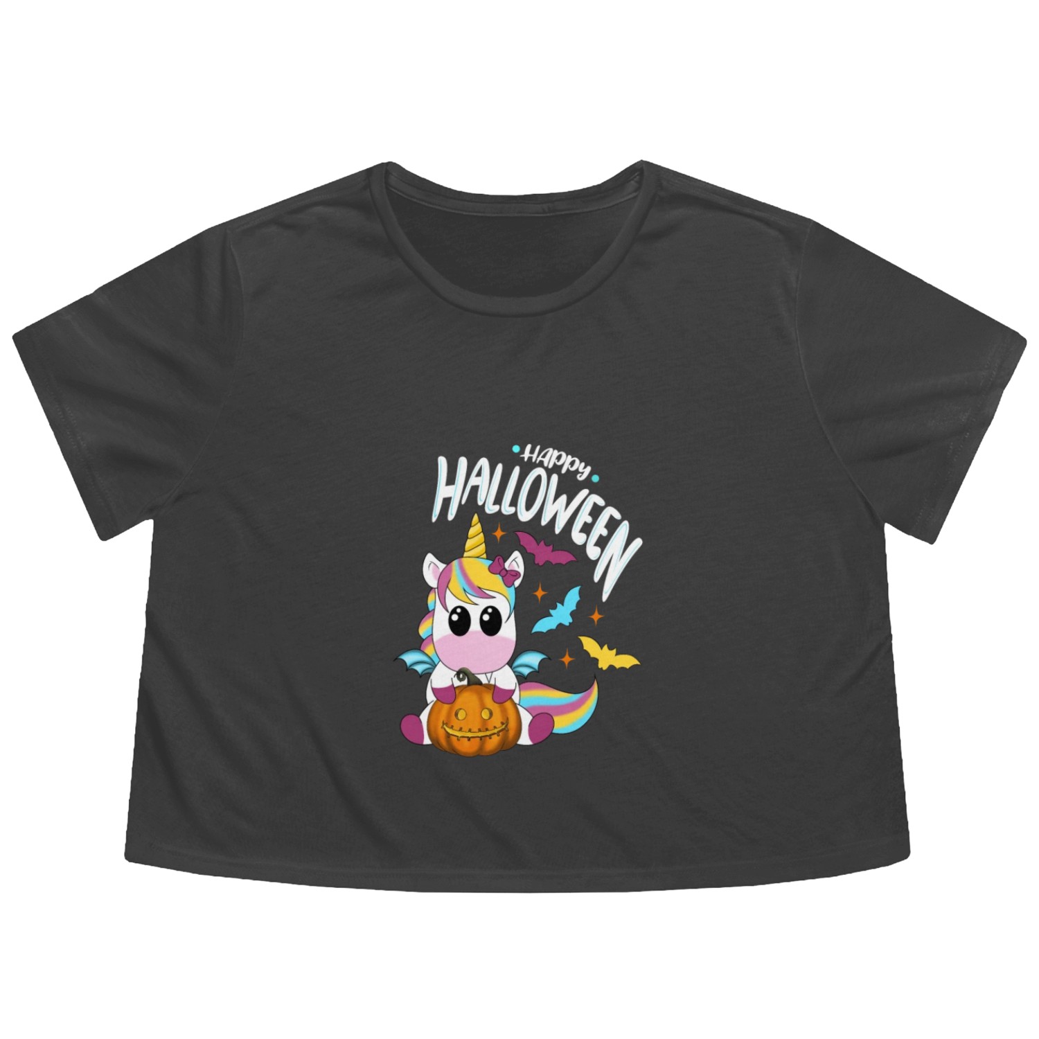Bat Unicorn - Happy Halloween Flowy Cropped Tees