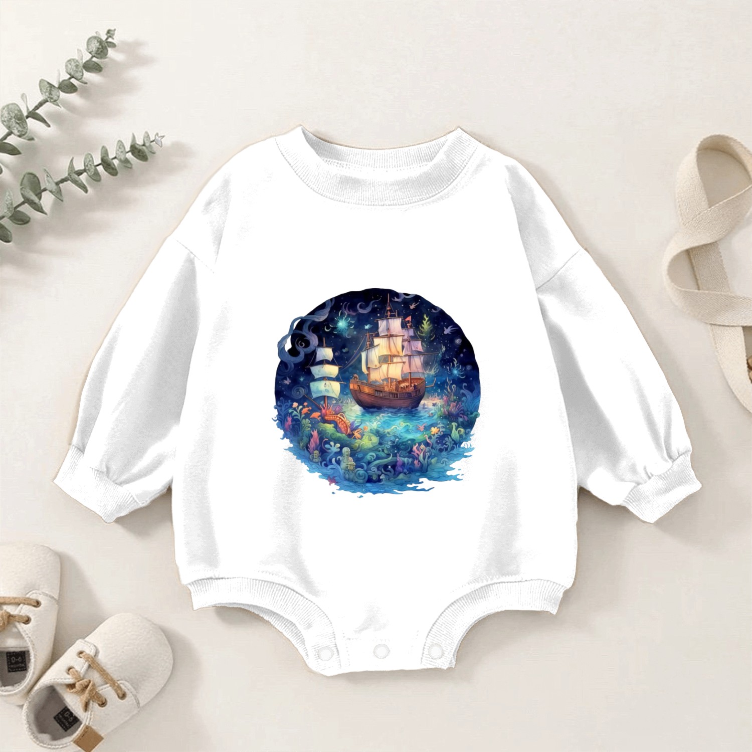 Colorful Traditional Sail Ship at night Baby Romper Sweatshirts