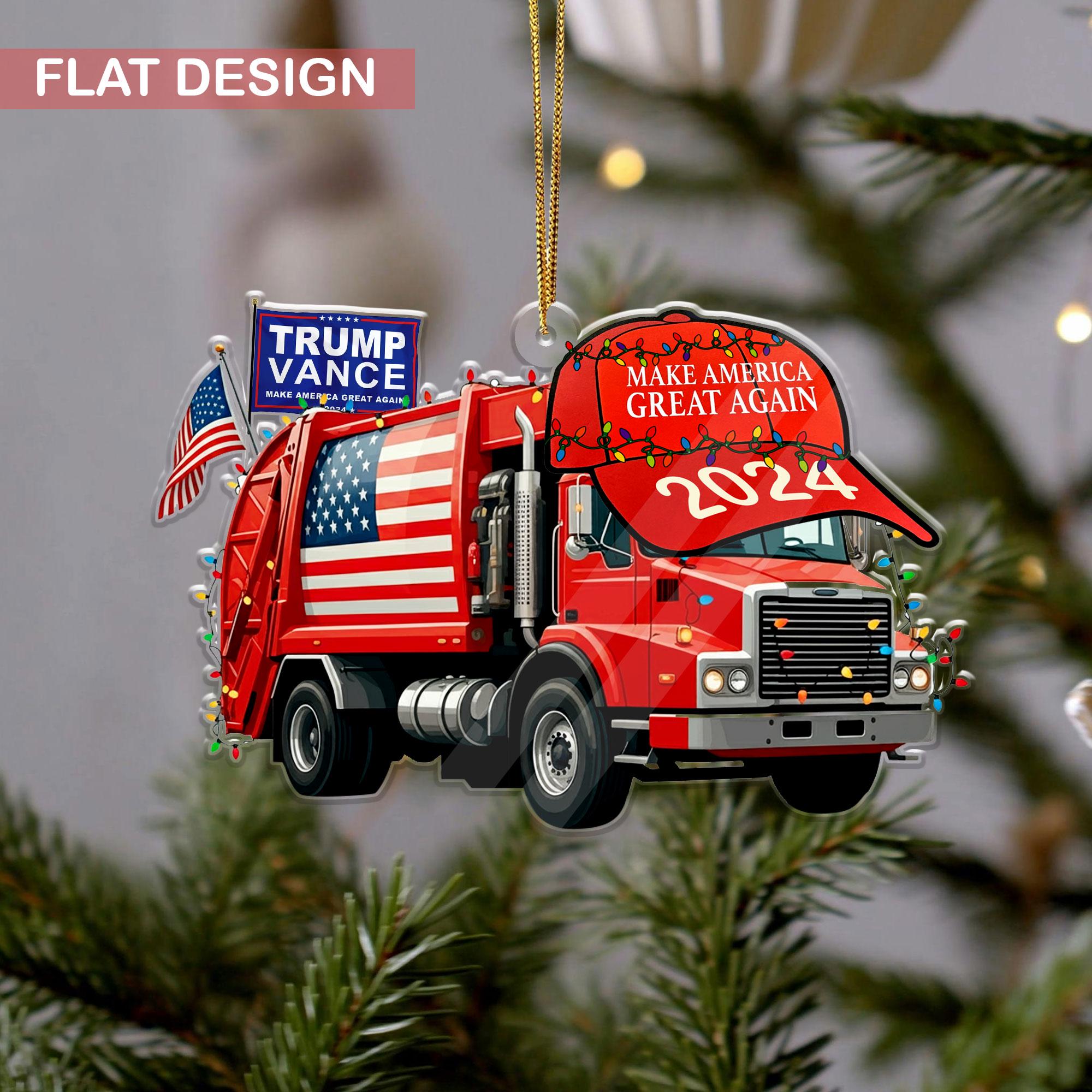Trump Vance MAGA 2024 Garbage Truck Ornament, Donald Trump Boards A Garbage Truck Ornament, Trump Truck Ornament