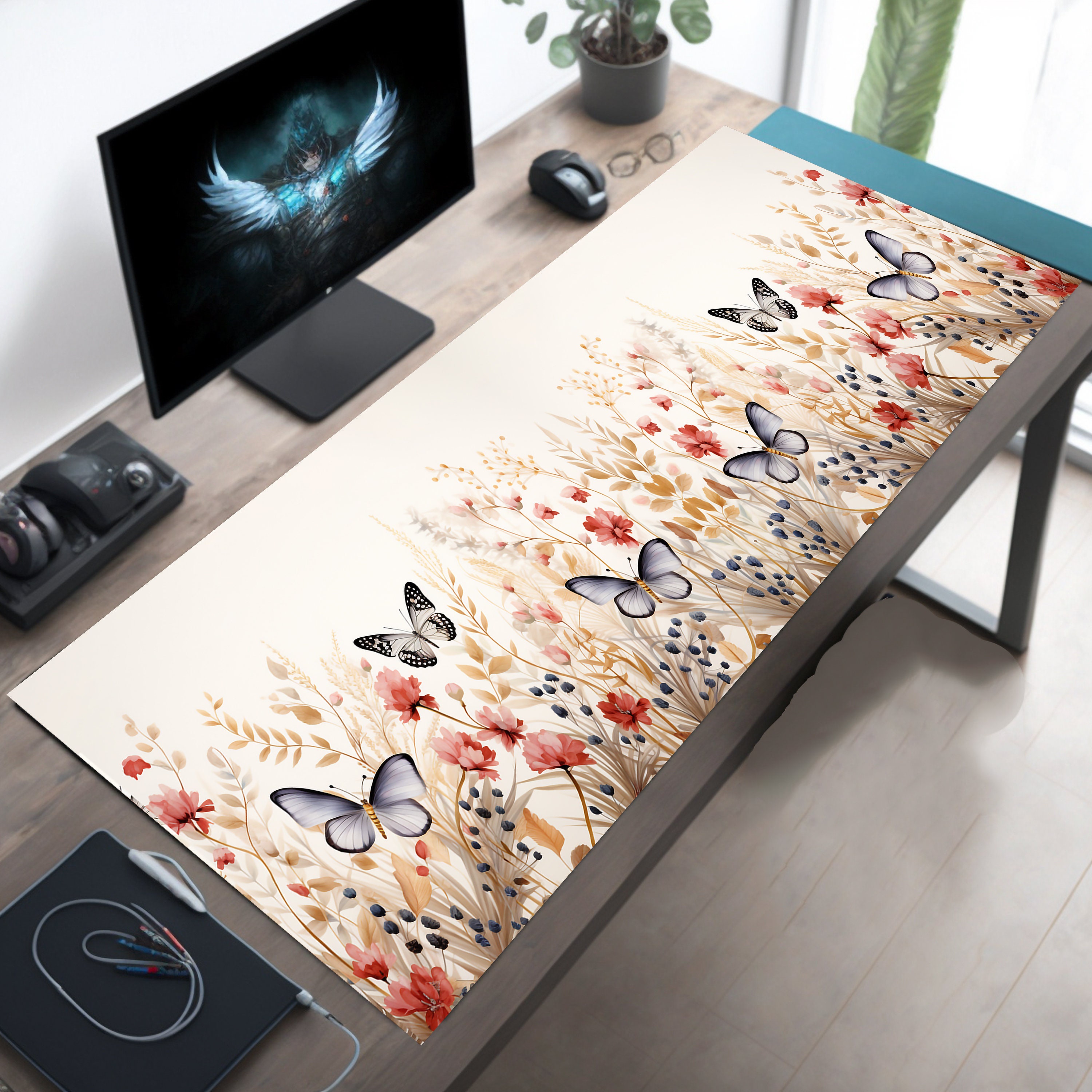 Butterfly Serenity Aesthetic Desk Mat, Floral Mouse Pad